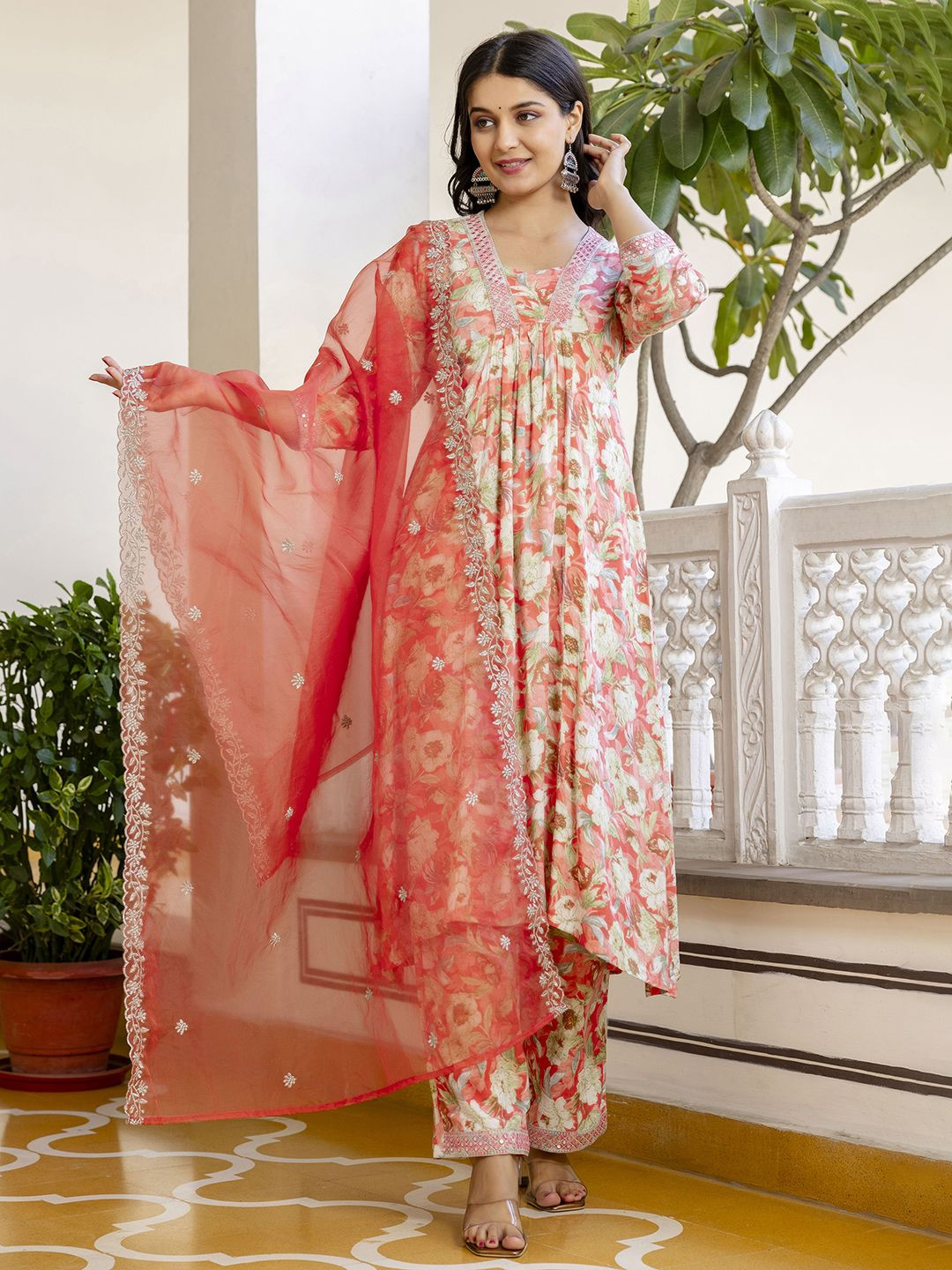 

ERISHA Floral Printed Pleated Kurta with Trousers & Dupatta, Peach