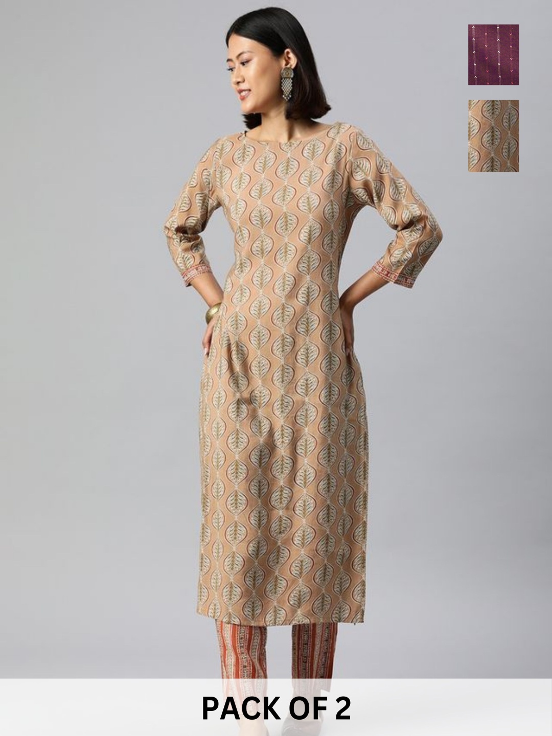 

KALINI Selections Of 2 Ethnic Motifs Printed Straight Kurta & Trousers, Brown