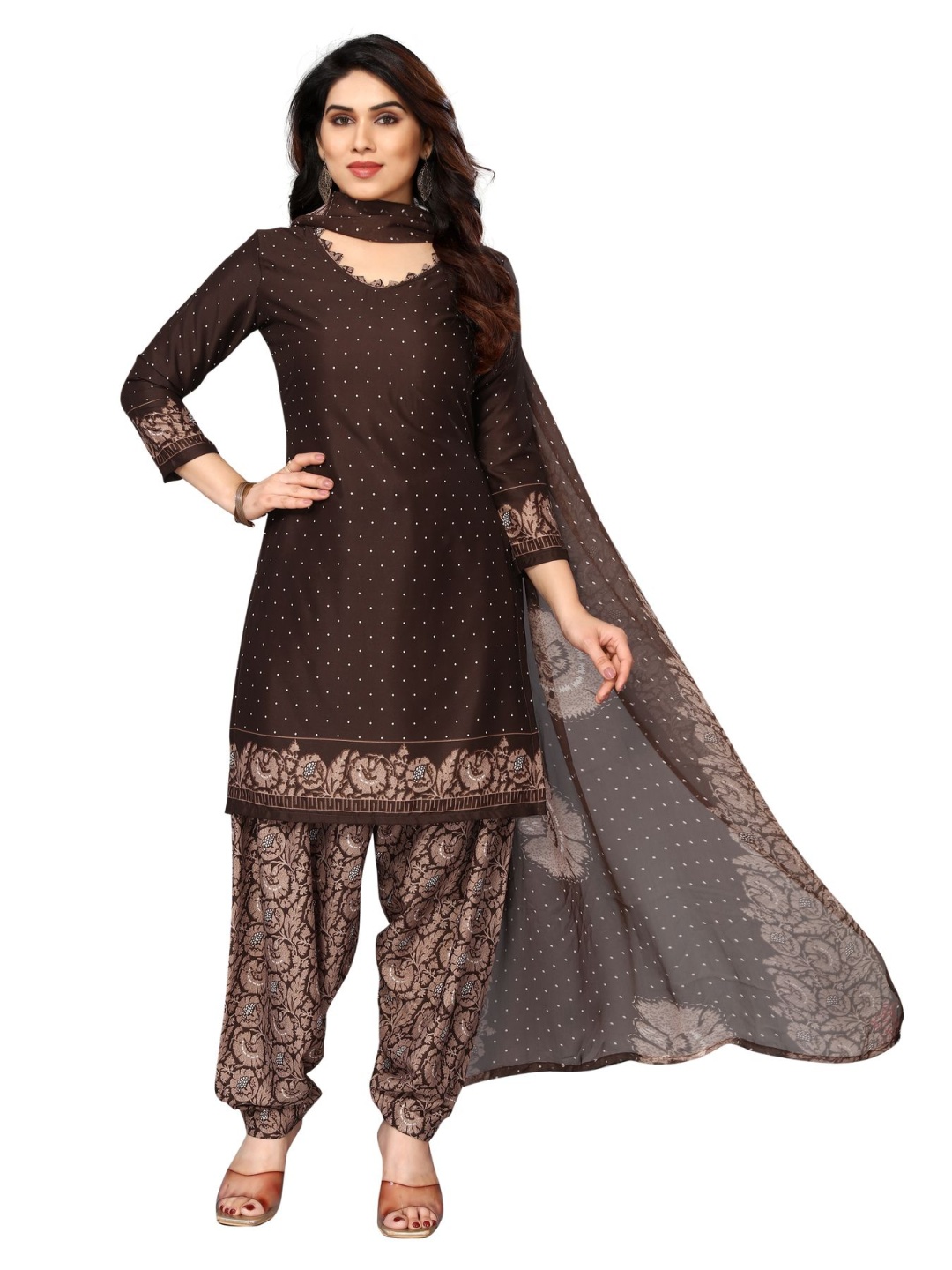 

Sidhidata Polka Dots Printed Silk Crepe Unstitched Dress Material, Brown