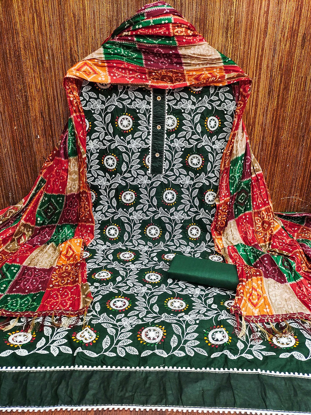 

MANVAA Floral Embroidered Unstitched Dress Material, Green