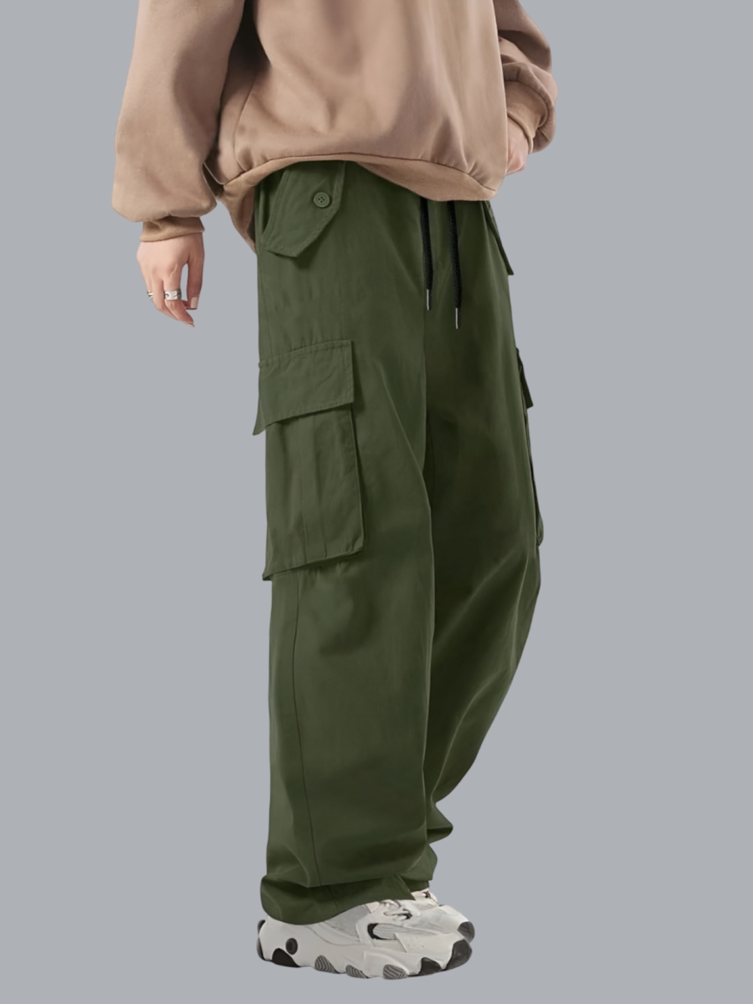 

Trillmixa Men Ultra Loose Fit High-Rise Easy Wash Cargos Trousers, Olive