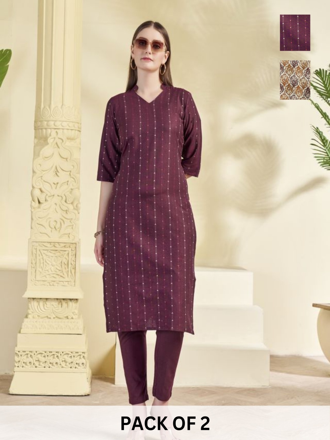 

KALINI Selection Of 2 Striped Self Design Mandarin Collar Straight Kurta With Trouser, Brown