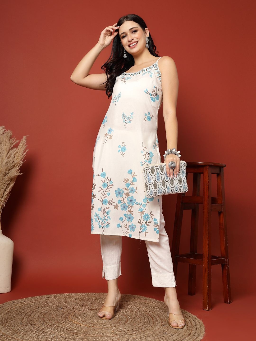 

all about you Floral Printed Mirror Work Cotton Straight Kurta, White