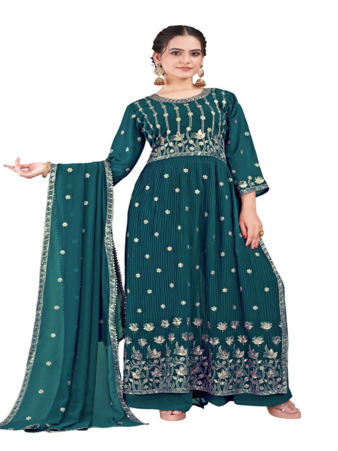 

RUDRAA FAB Ethnic Motifs Embroidered Sequinned Straight Kurta with Salwar & Dupatta, Turquoise blue