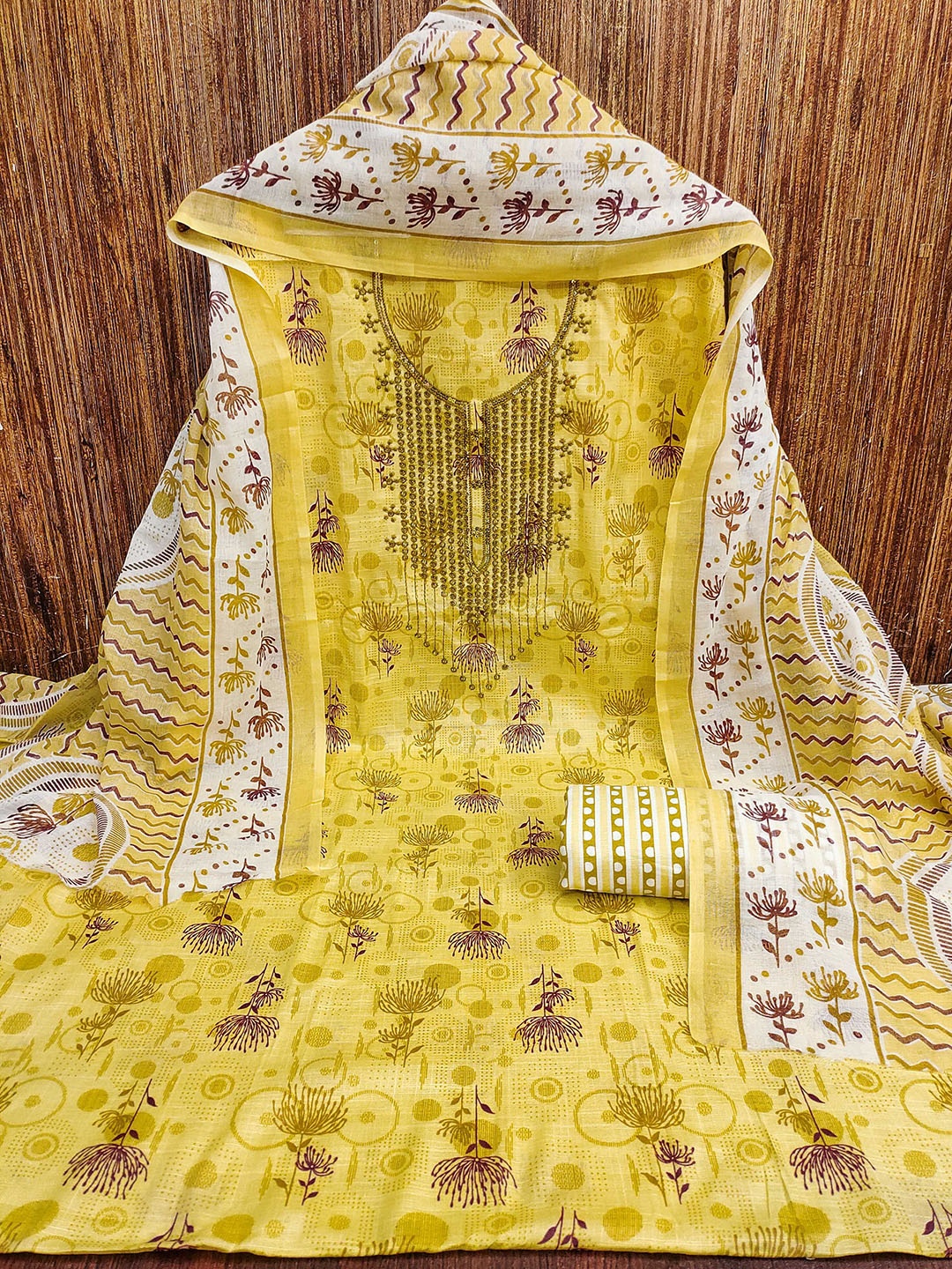 

MANVAA Floral Embroidered Sequinned Cotton Unstitched Dress Material, Yellow