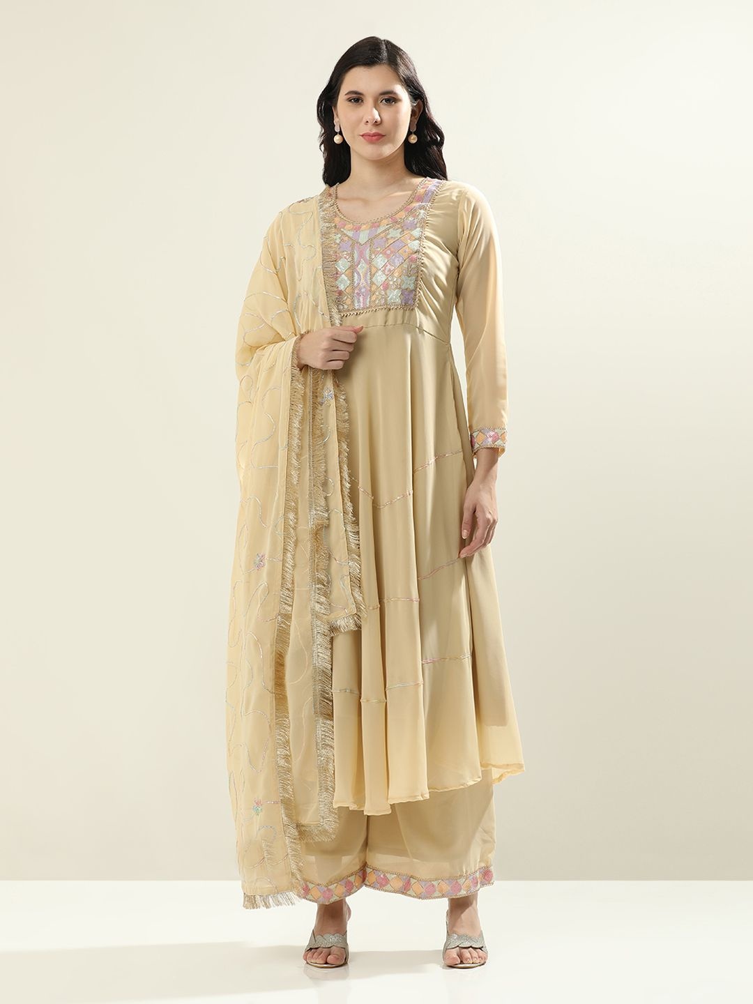 

Jaipur Kurti Women Floral Yoke Design Layered Beads and Stones Kurta with Palazzos & With Dupatta, Beige