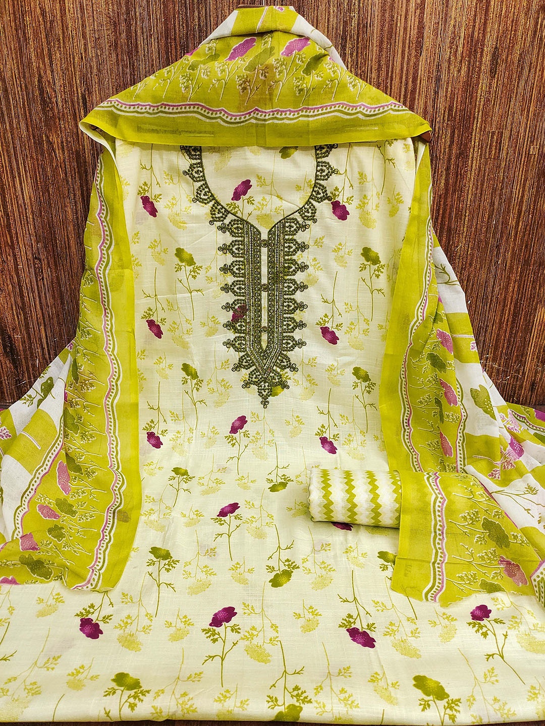

MANVAA Floral Printed Sequinned Unstitched Dress Material, Lime green