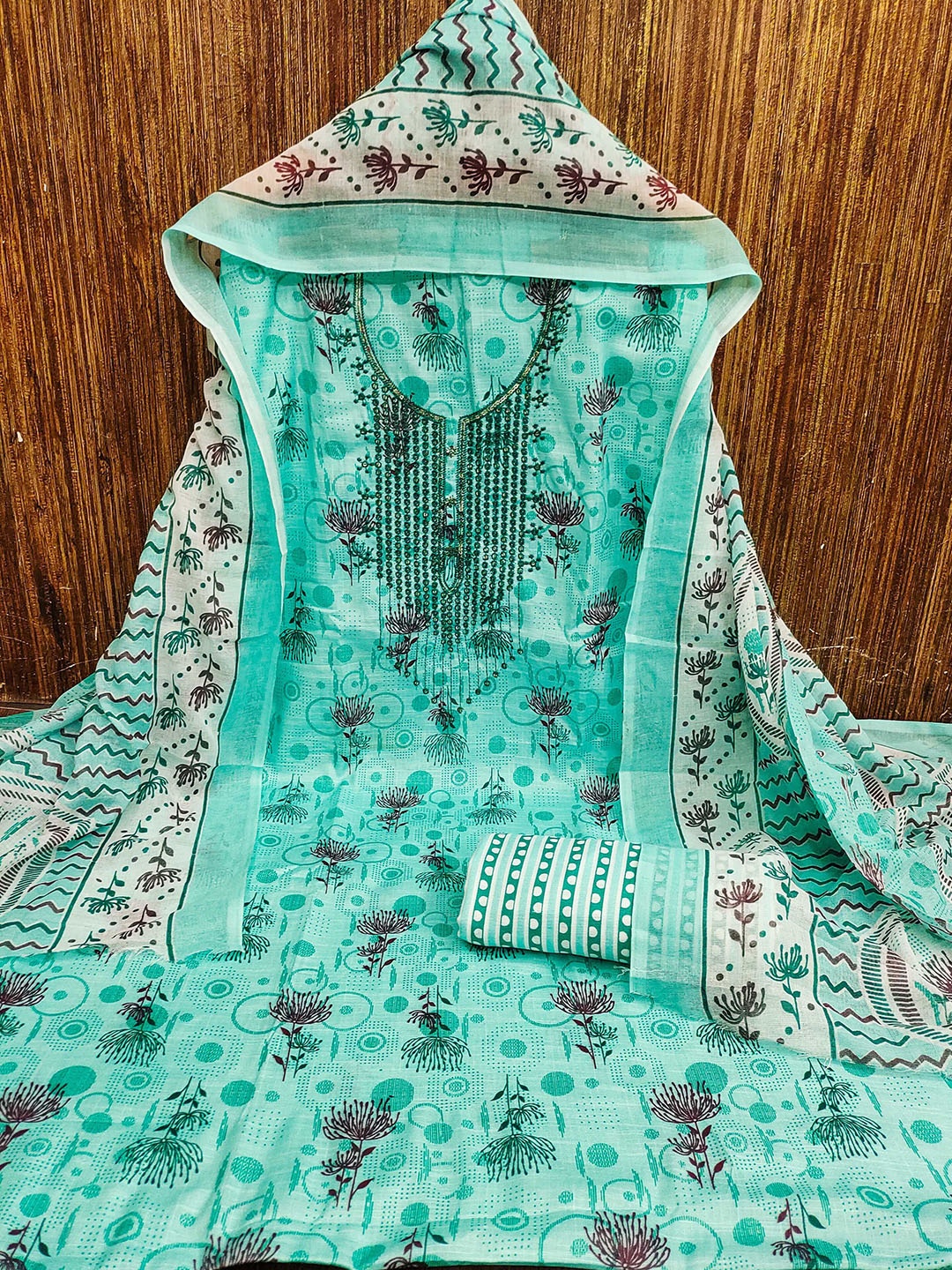 

MANVAA Floral Printed Unstitched Dress Material, Sea green