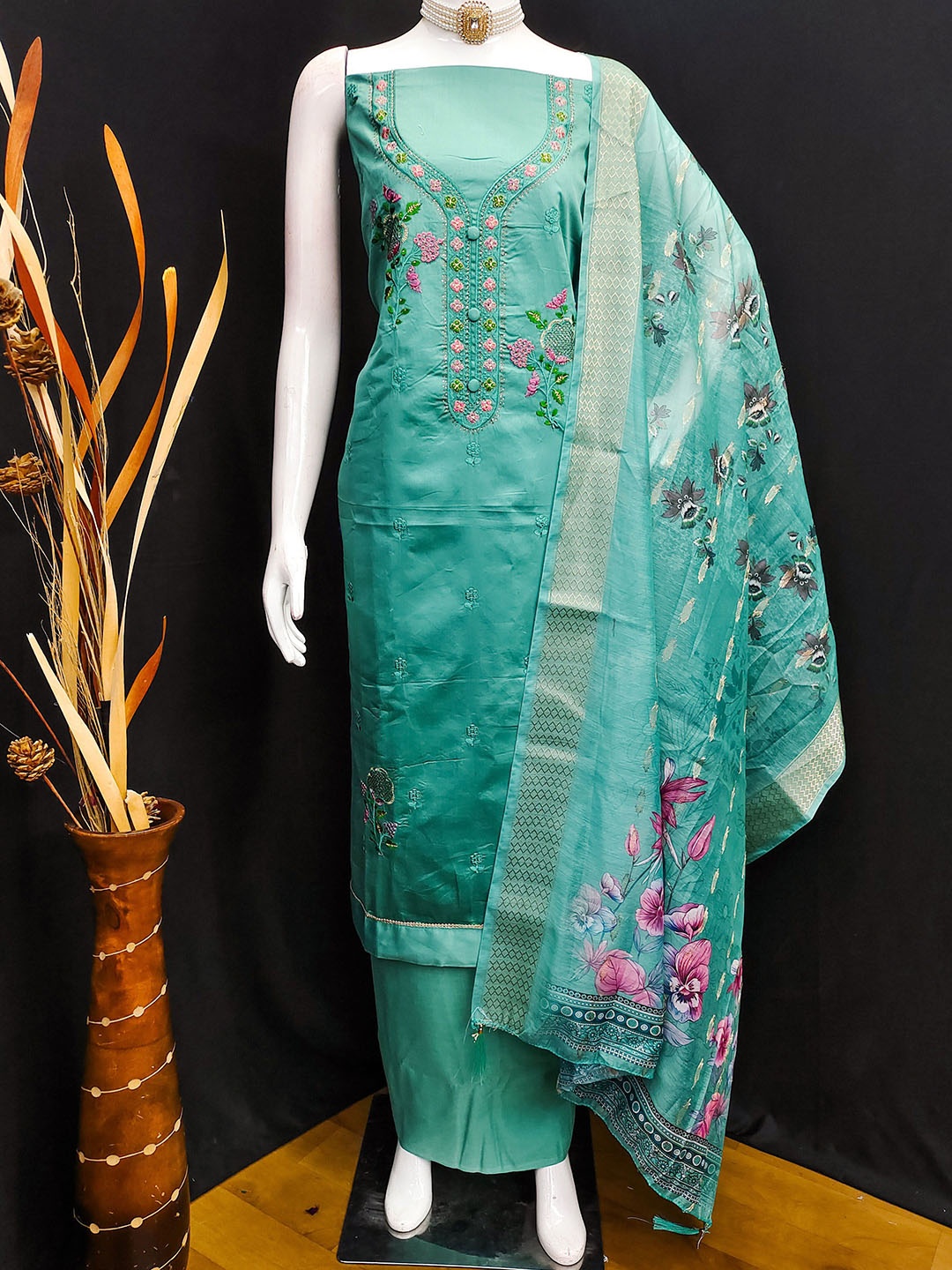 

MANVAA Floral Embroidered Beads and Stones Cotton Unstitched Dress Material, Sea green