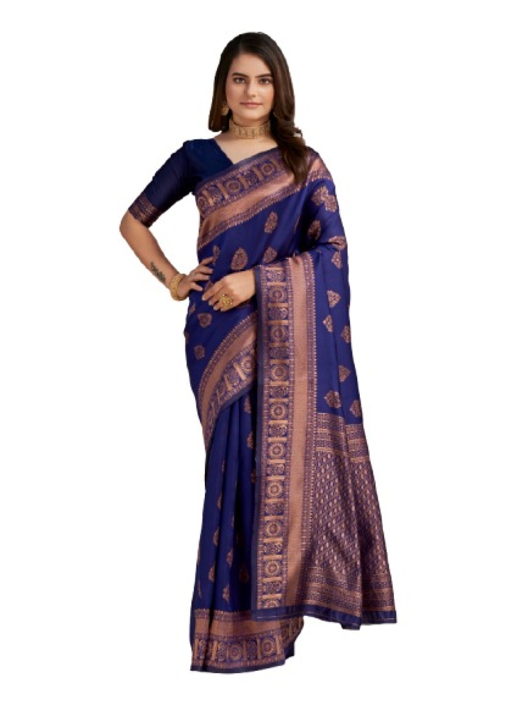 

QENY Woven Design Zari Art Silk Banarasi Saree, Blue