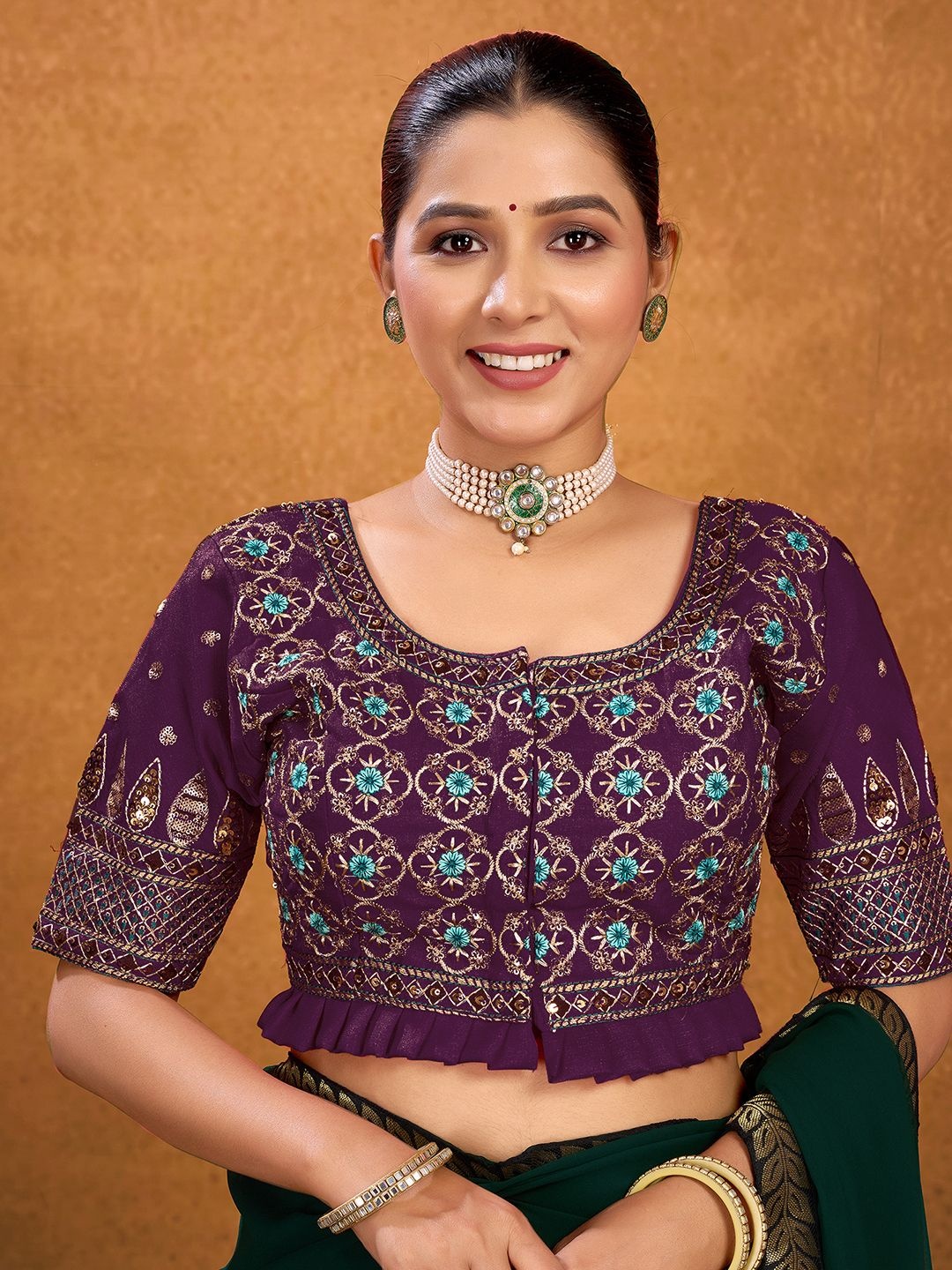 

KALINI Sequinned Embroidered Silk Saree Blouse, Purple