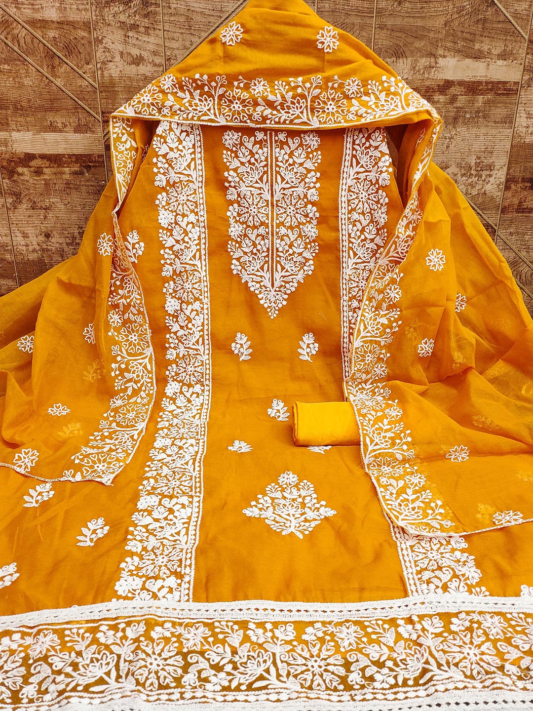

MANVAA Floral Embroidered Unstitched Dress Material, Yellow
