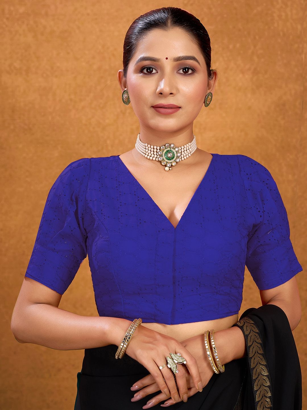

KALINI Embroidered Cotton Saree Blouse, Blue