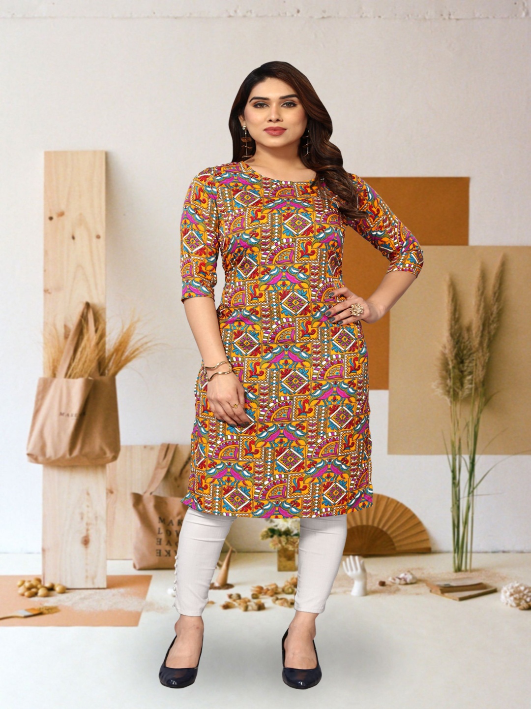 

KETAKI FASHION Ethnic Motifs Printed Round Neck Straight Kurta, Mustard