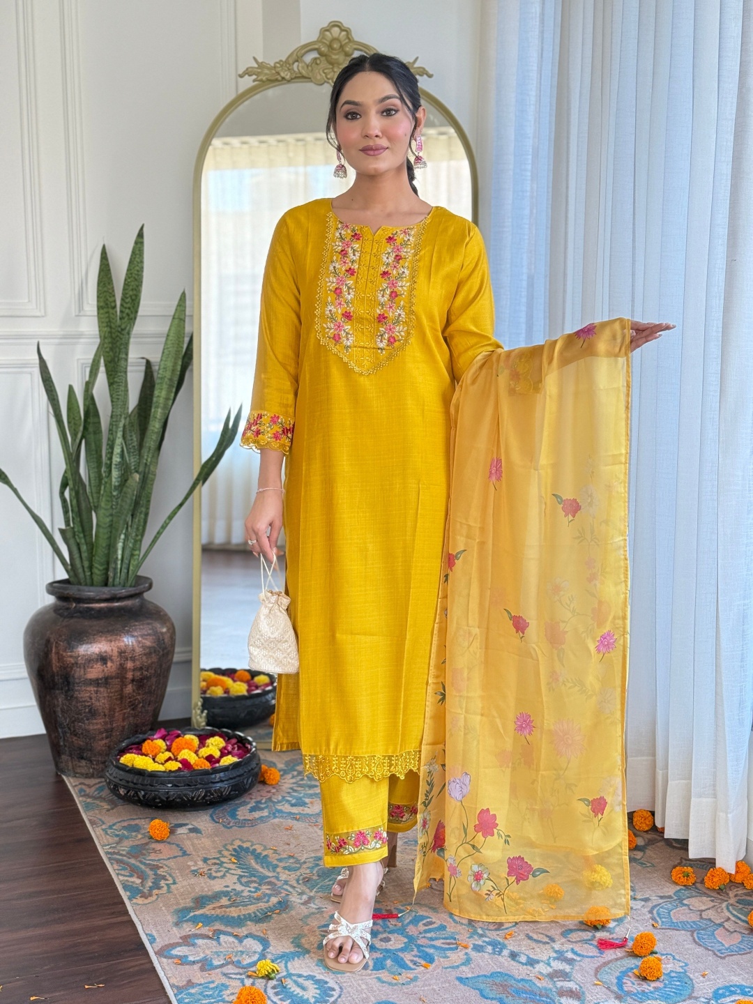 

KALINI Floral Embroidered Notch Neck Thread Work Kurta With Trousers & Dupatta, Mustard