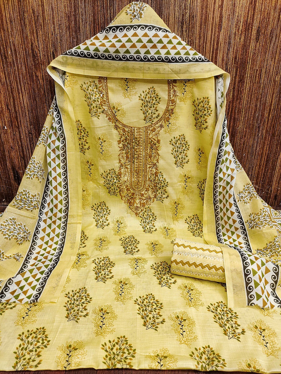 

MANVAA Floral Embroidered Sequinned Cotton Unstitched Dress Material, Yellow