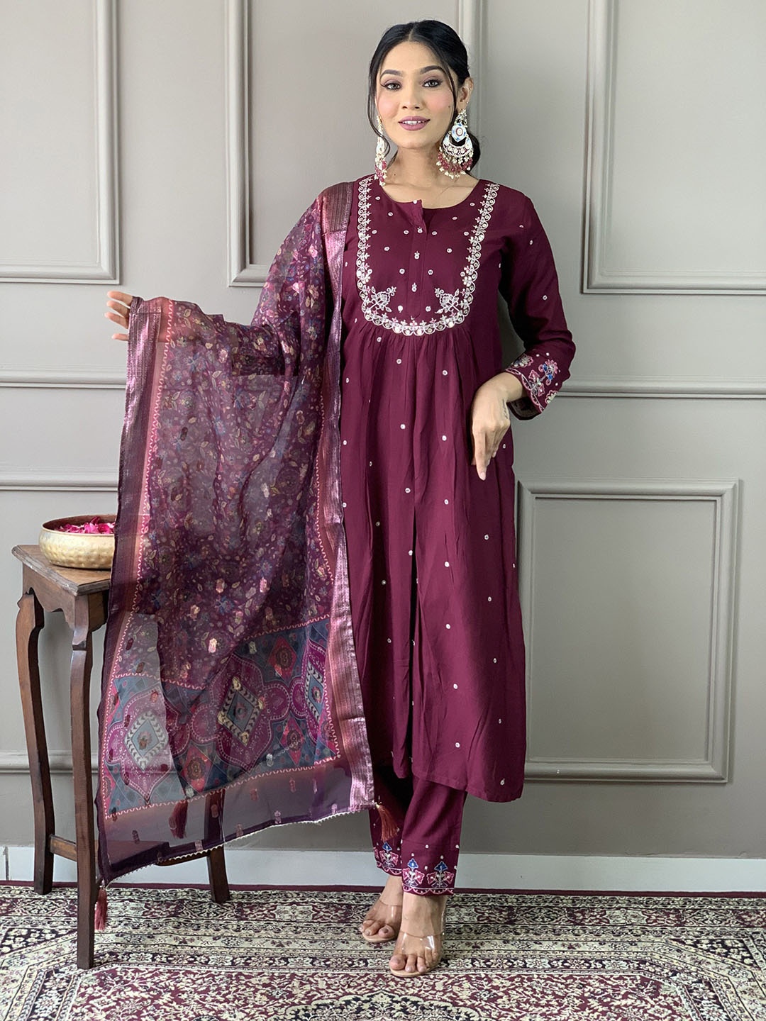 

KALINI Floral Embroidered Thread Work Chanderi Silk A-Line Kurta With Trousers & Dupatta, Magenta