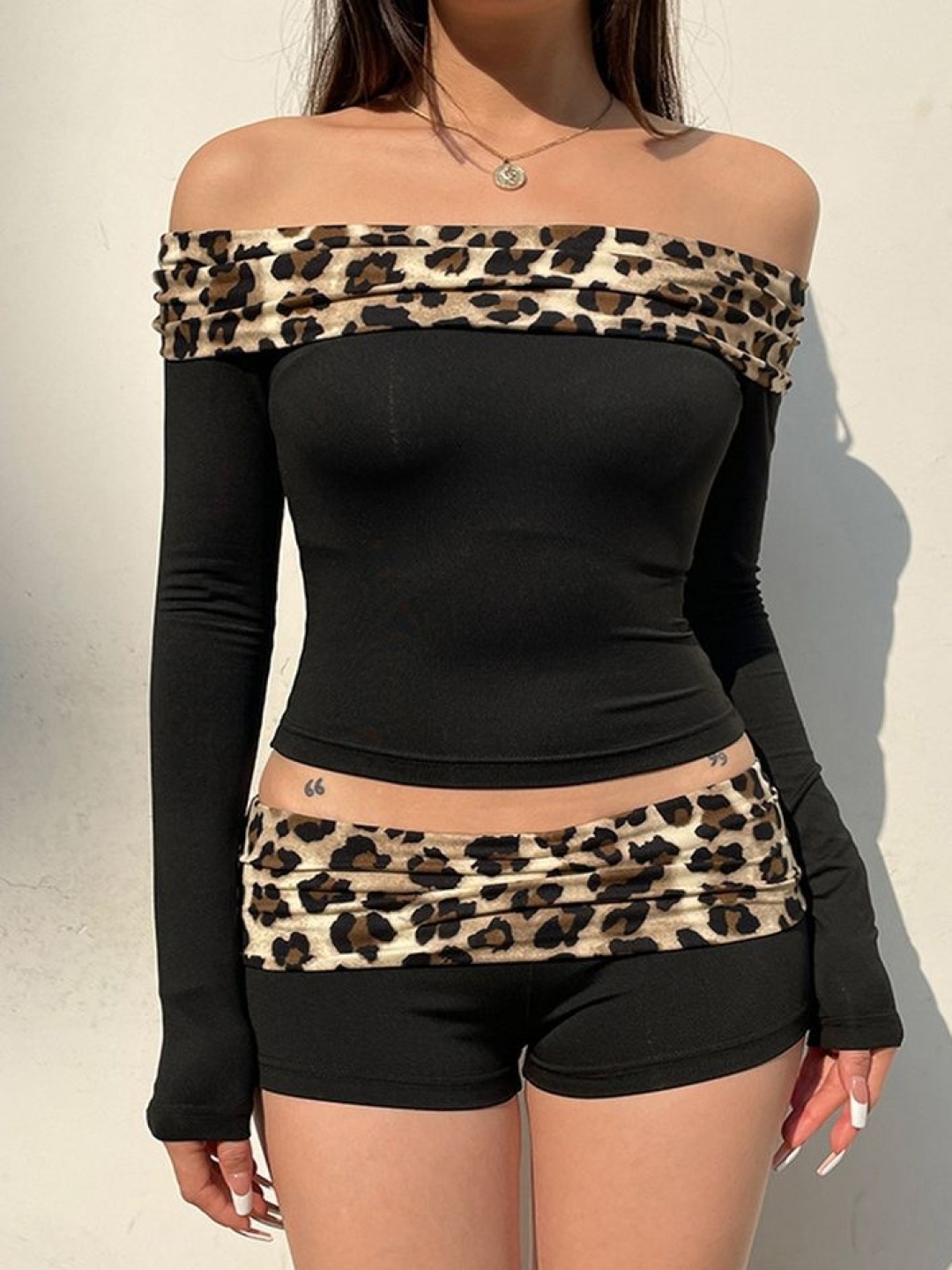 

LULU & SKY Animal Printed Off Shoulder Crop Top With Shorts, Black
