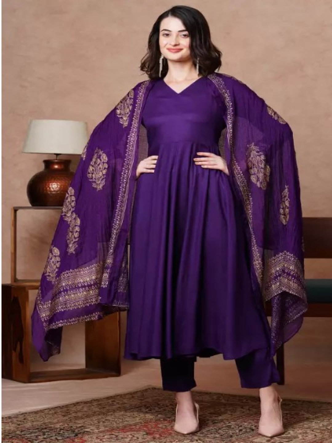 

TITANIUM SILK INDUSTRIES PVT. LTD. V-Neck Anarkali Kurta With Trousers & Dupatta, Purple