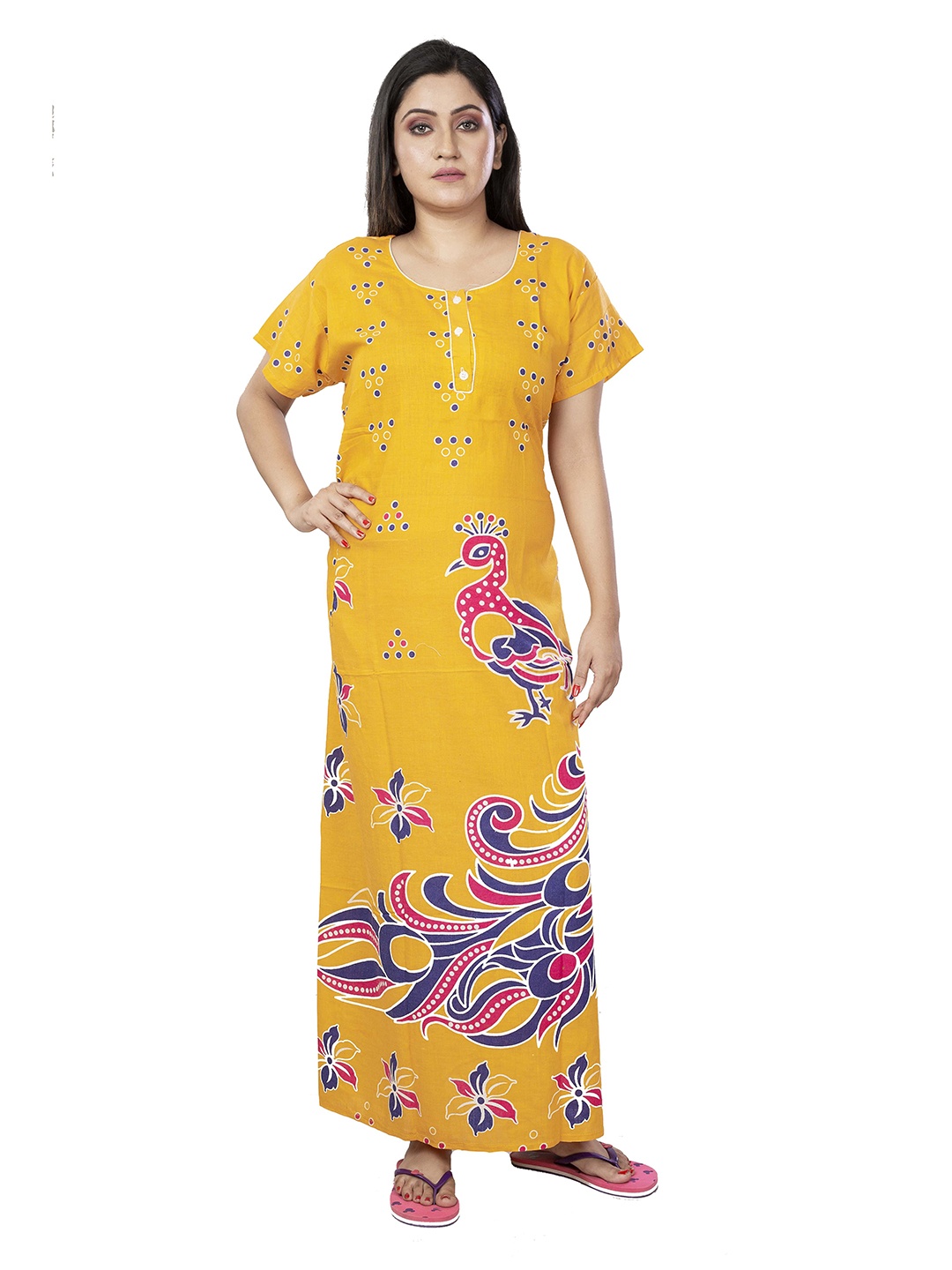 

Laa Calcutta Women Abstract Printed Pure Cotton Maxi Nightdress, Yellow