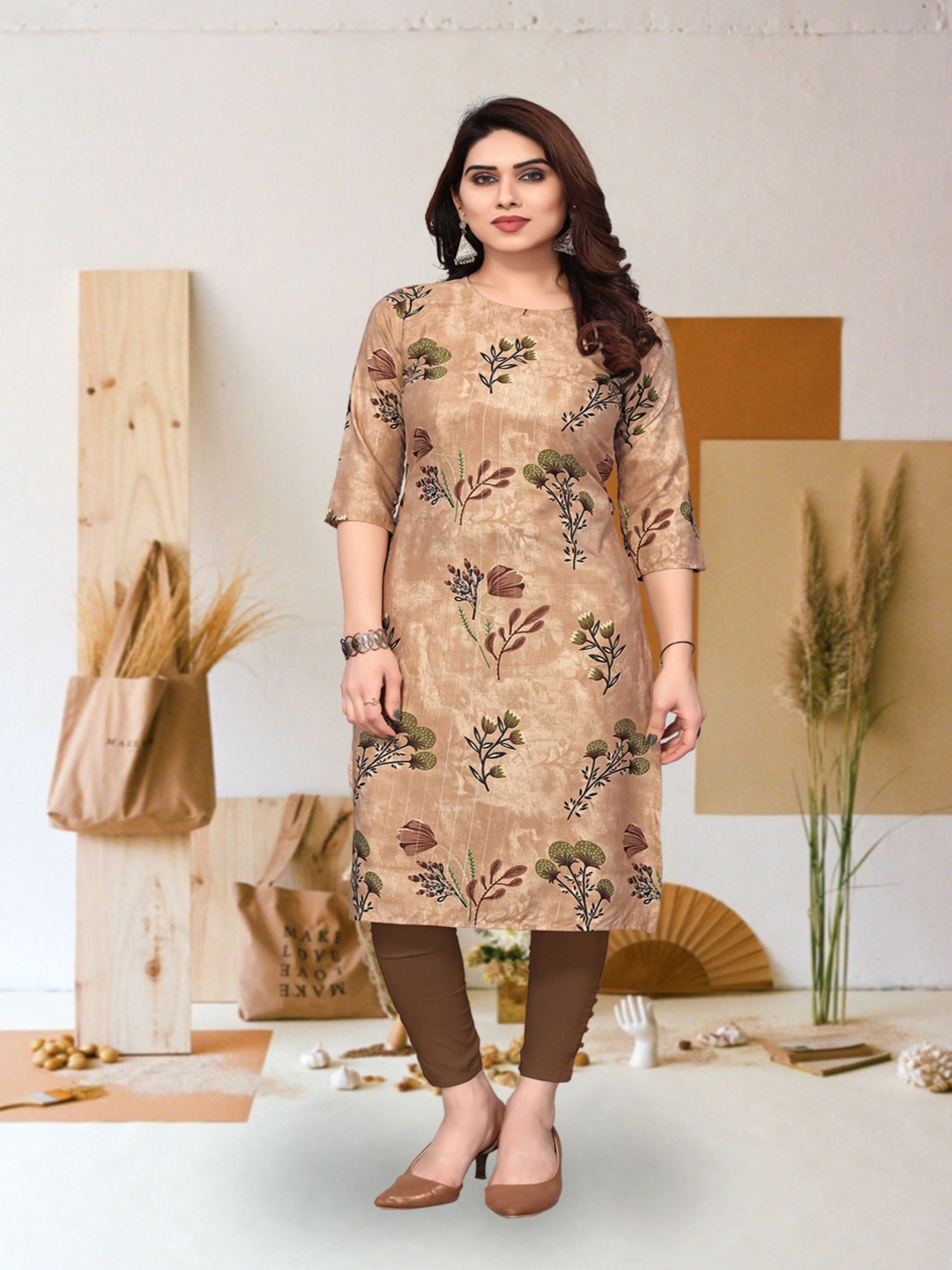 

KETAKI FASHION Floral Printed Straight Kurta, Brown