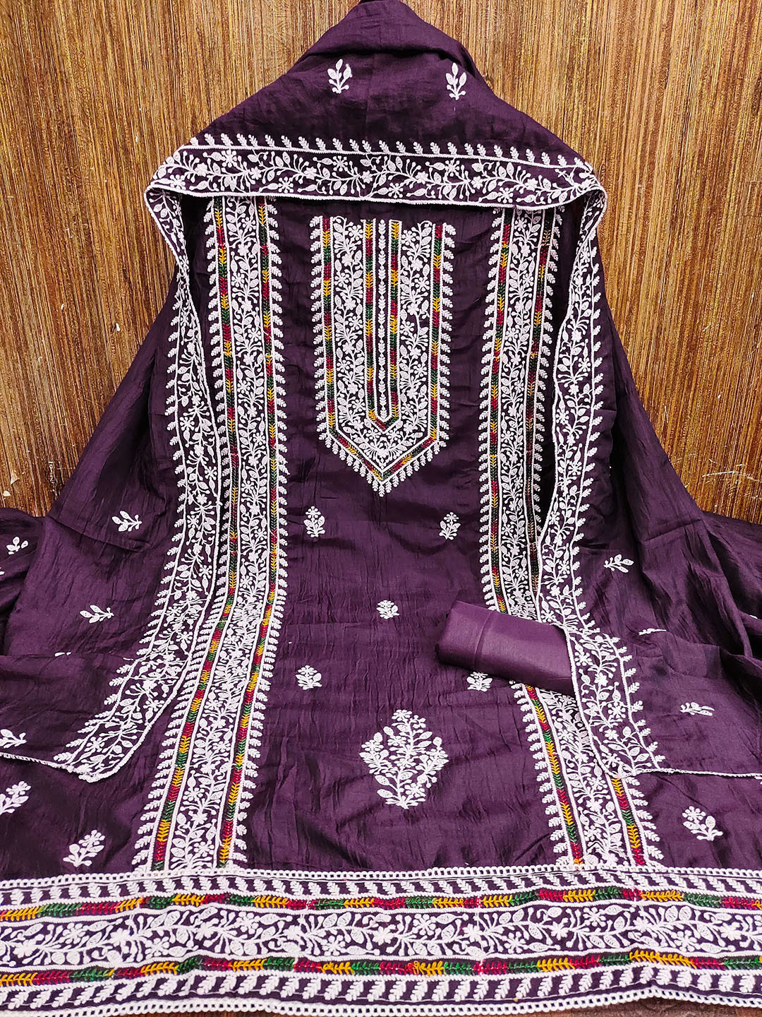 

MANVAA Floral Embroidered Beads and Stones Silk Cotton Unstitched Dress Material, Purple