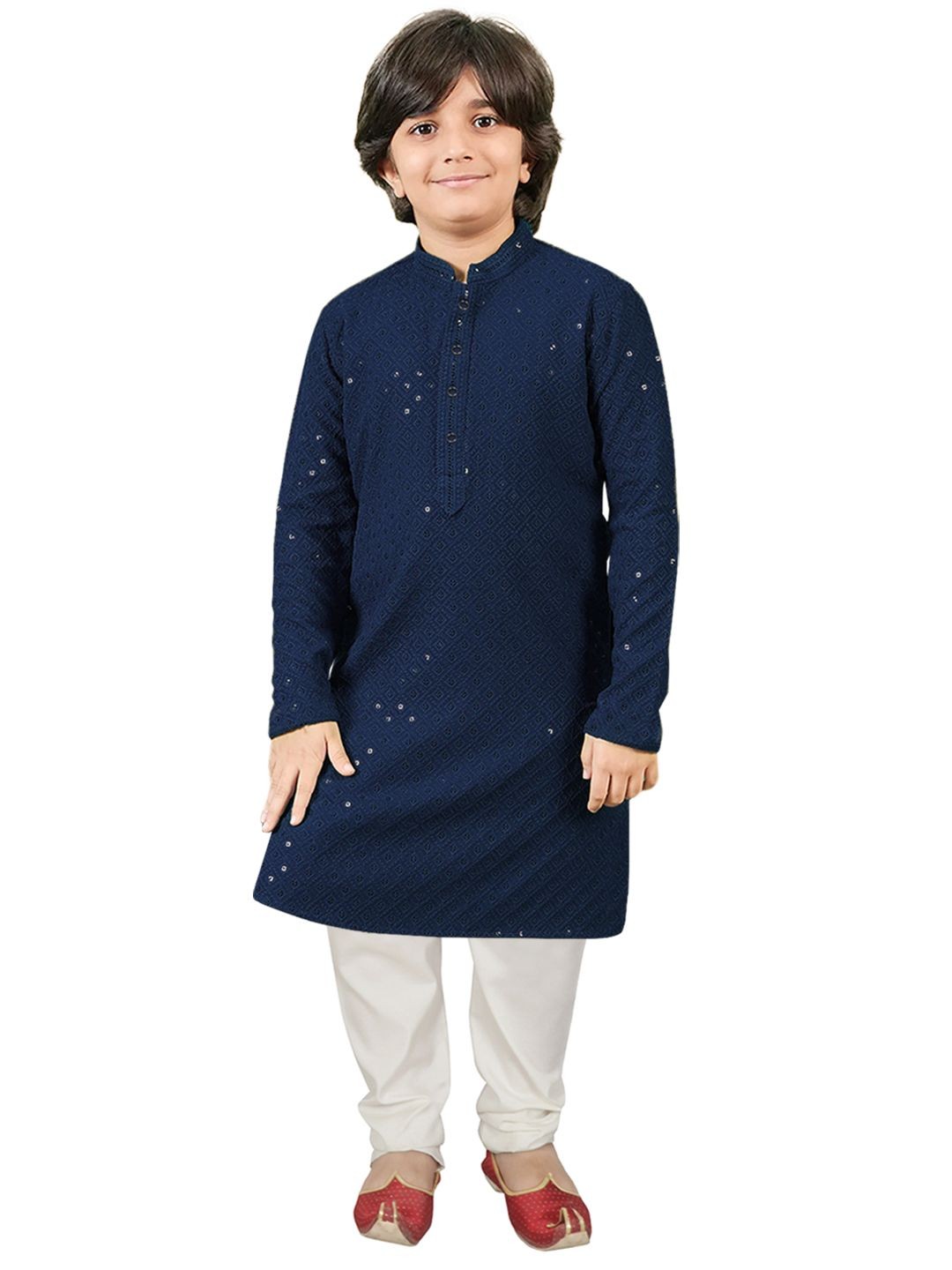 

SG YUVRAJ Boys Sequinned Mandarin Collar Straight Kurta with Pyjama, Navy blue