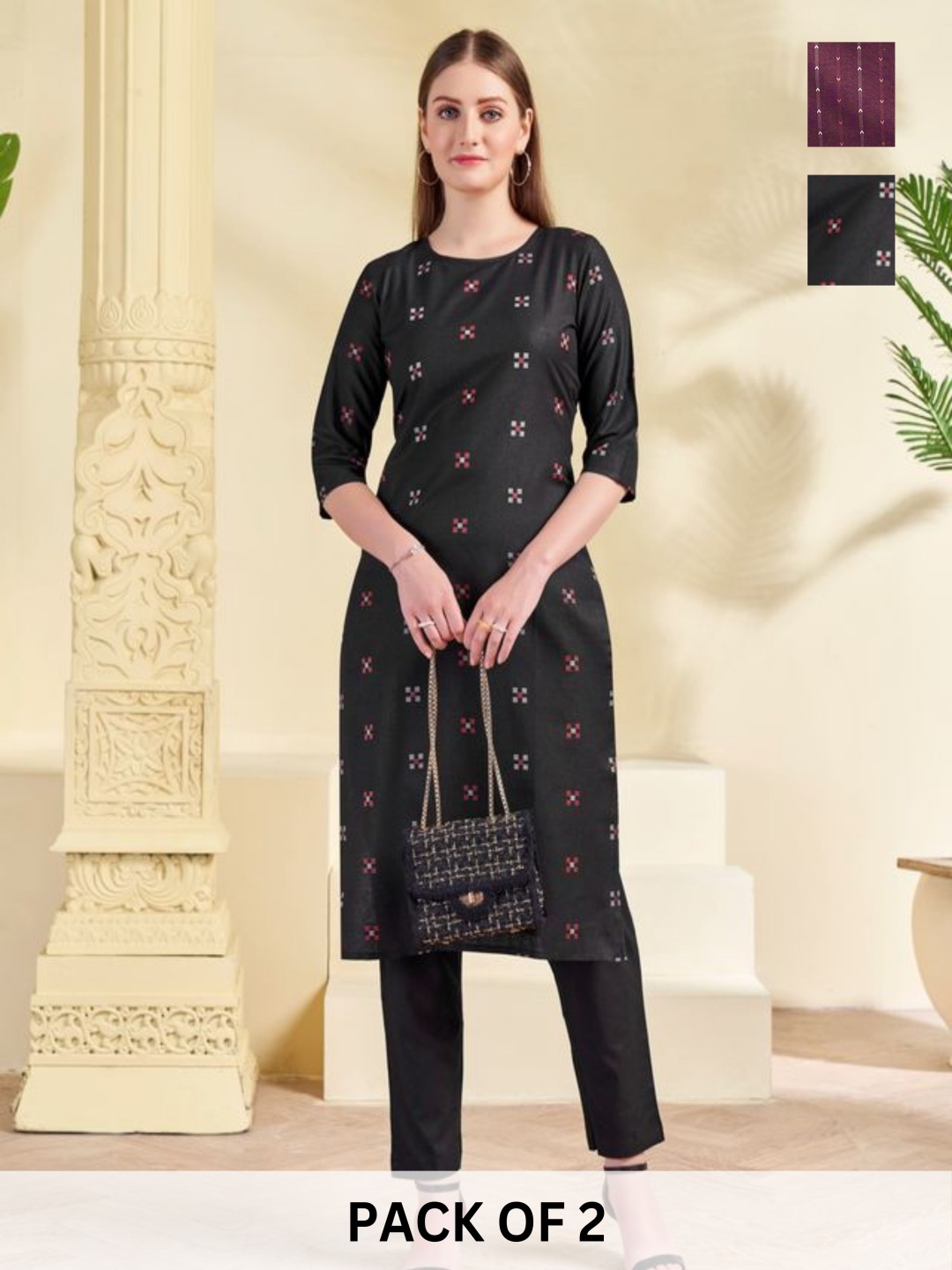 

KALINI Selections Of 2 Ethnic Motifs Printed Kurta with Trousers, Black