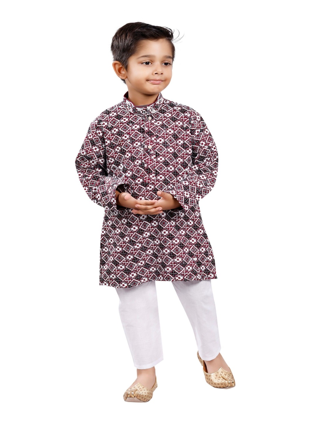 

BAESD Boys Geometric Printed Mandarin Collar Straight Kurta with Pyjamas, Red