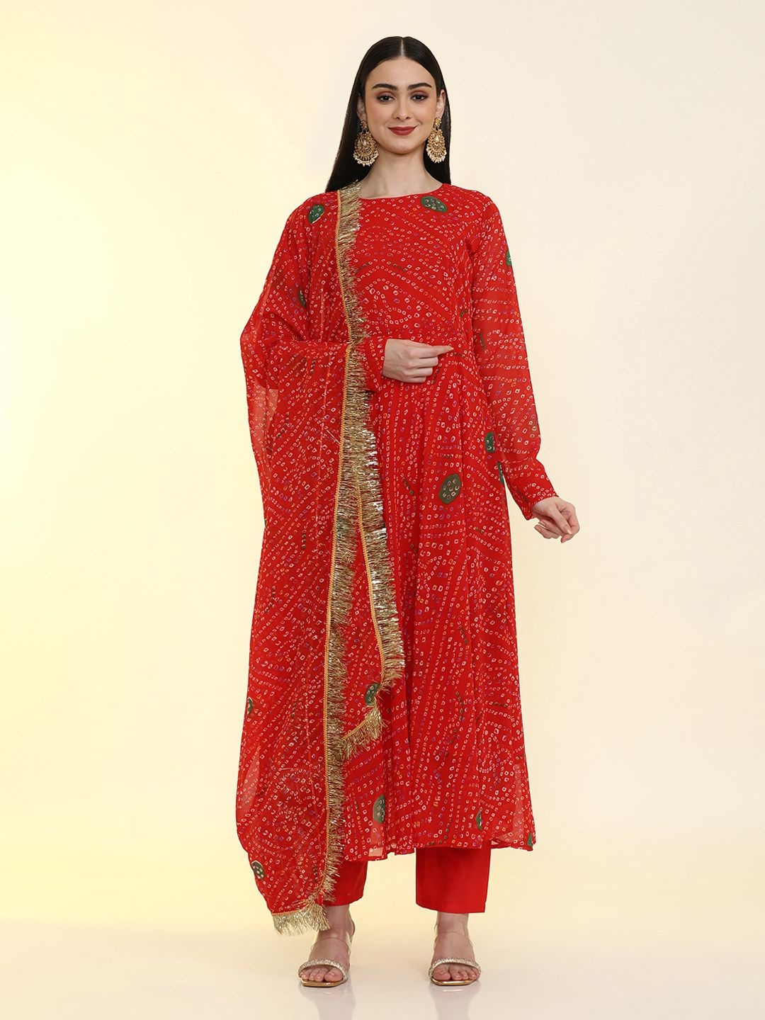 

Jaipur Kurti Bandhani Printed Anarkali Kurta with Trousers & Dupatta, Red