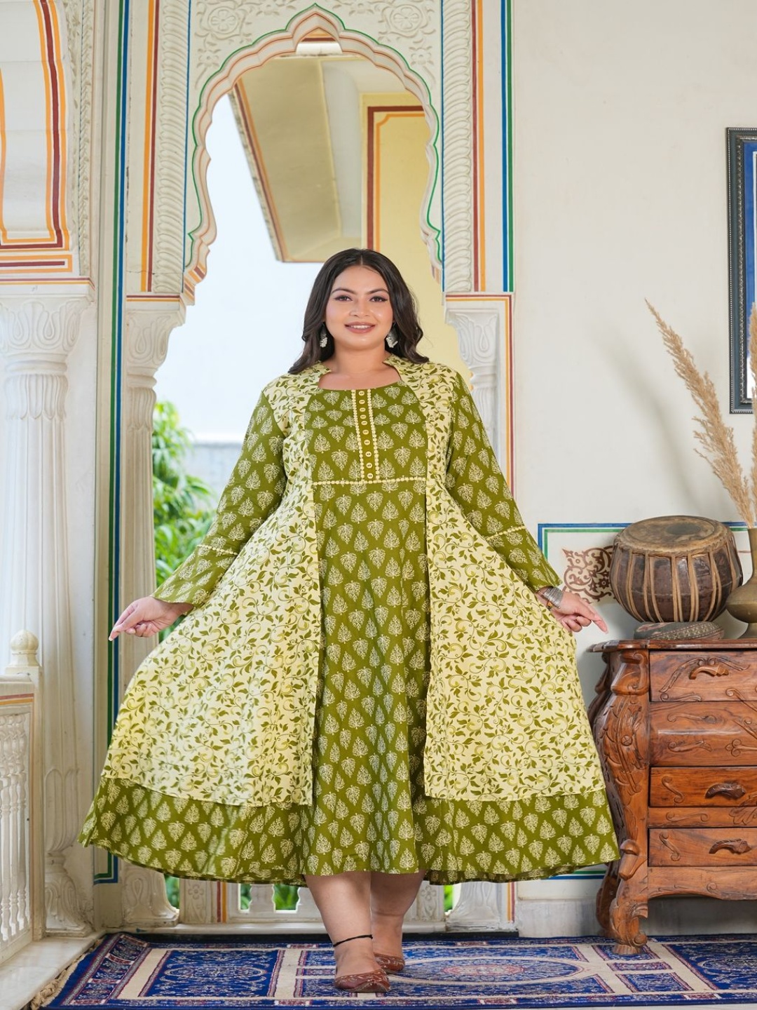 

YASH GALLERY Women Floral Printed Cotton Fit & Flare Ethnic Dresses, Green
