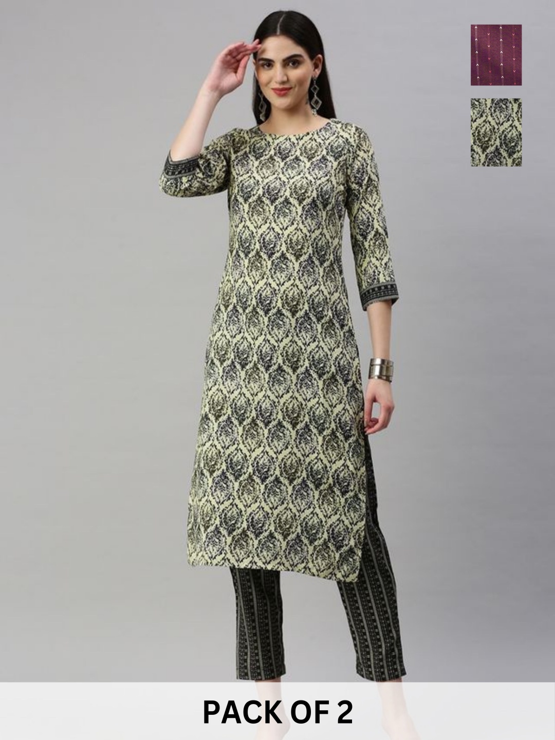 

KALINI Selections Of 2 Ethnic Motifs Printed Straight Kurta with Trousers, Green