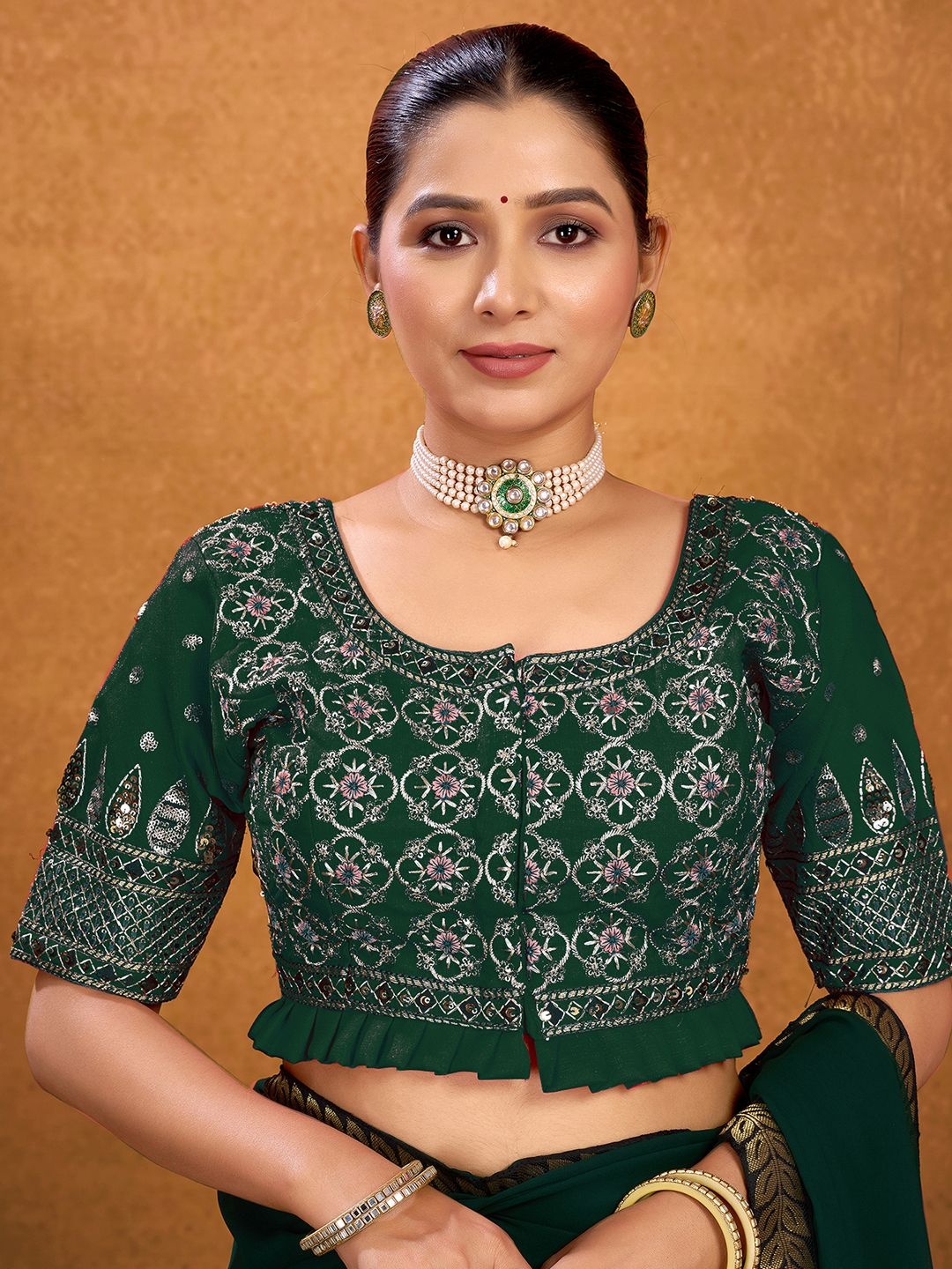 

Kalini Sequinned Embroidered Silk Saree Blouse, Green