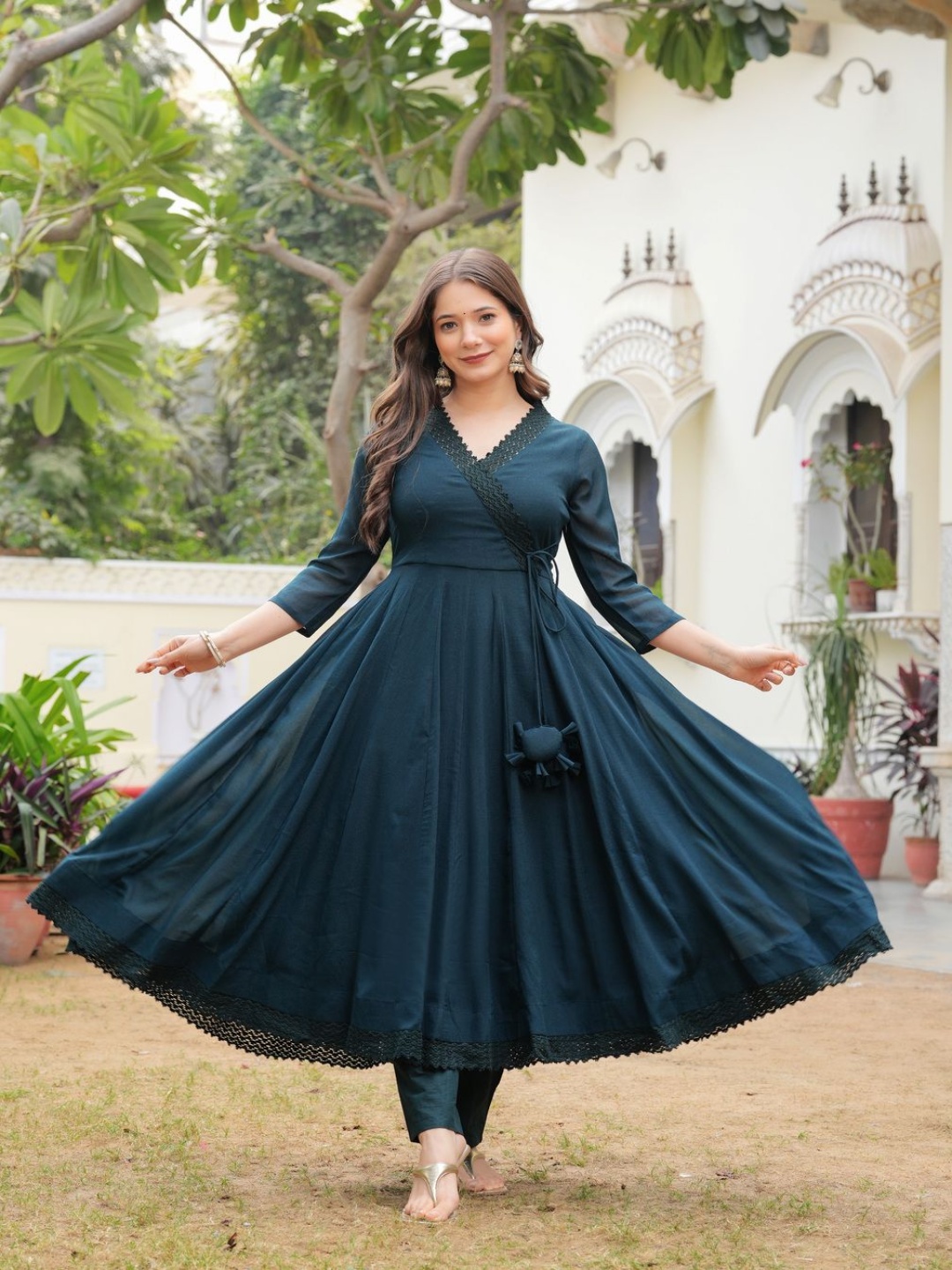 

Sitaram Designer Floral Thread Work Anarkali Kurta with Trousers & Dupatta, Teal