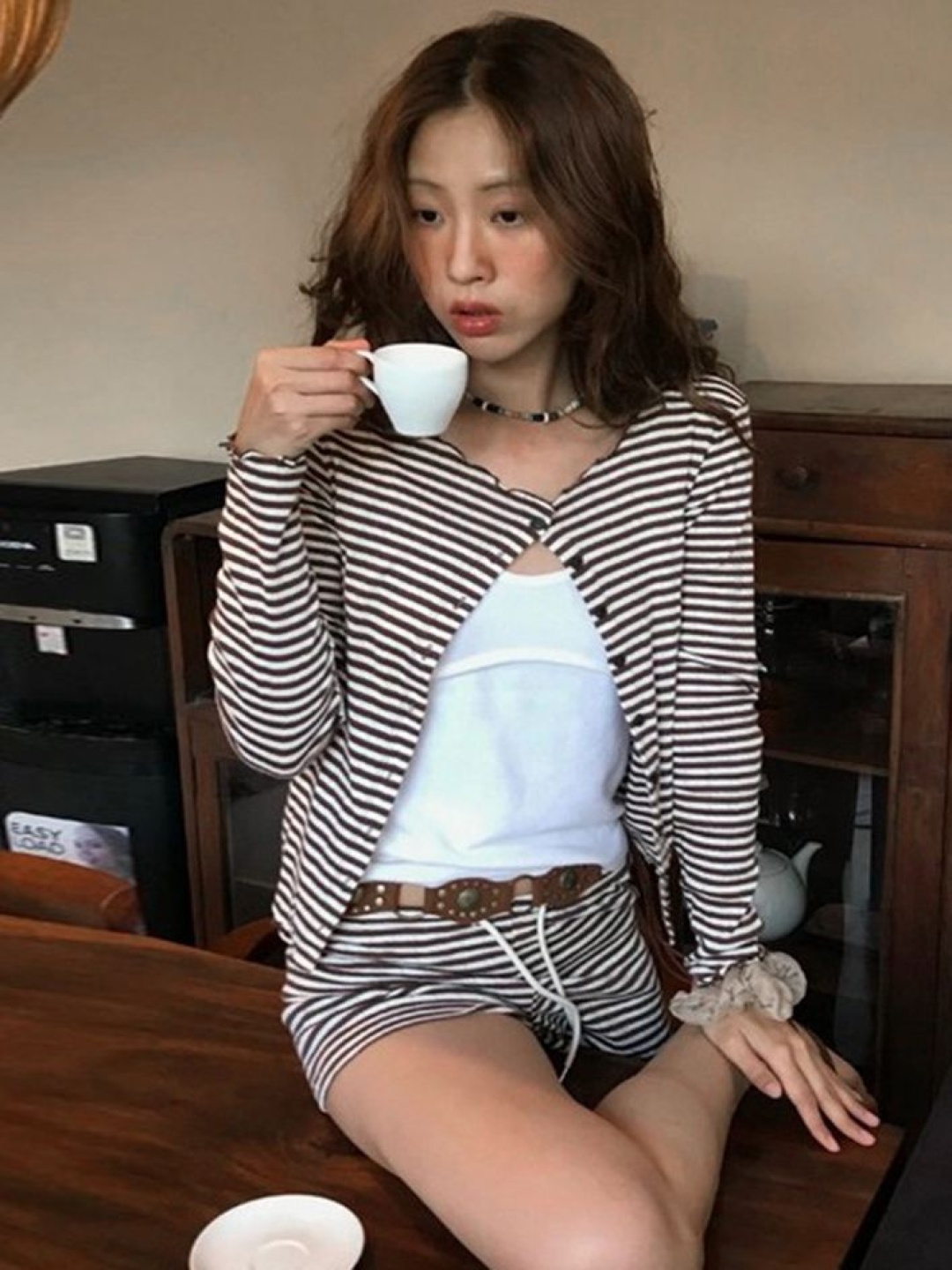 

LULU & SKY Striped Round Neck Top With Shorts, Brown