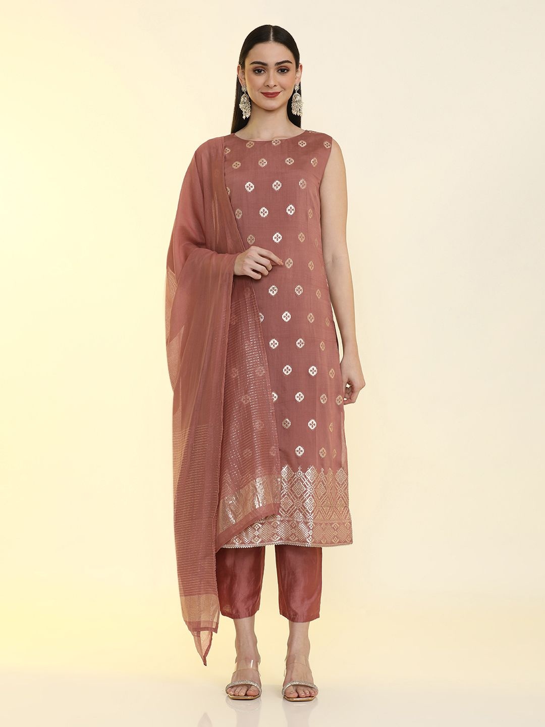 

Jaipur Kurti Geometric Embroidered Zardozi Kurta with Trousers & Dupatta, Peach