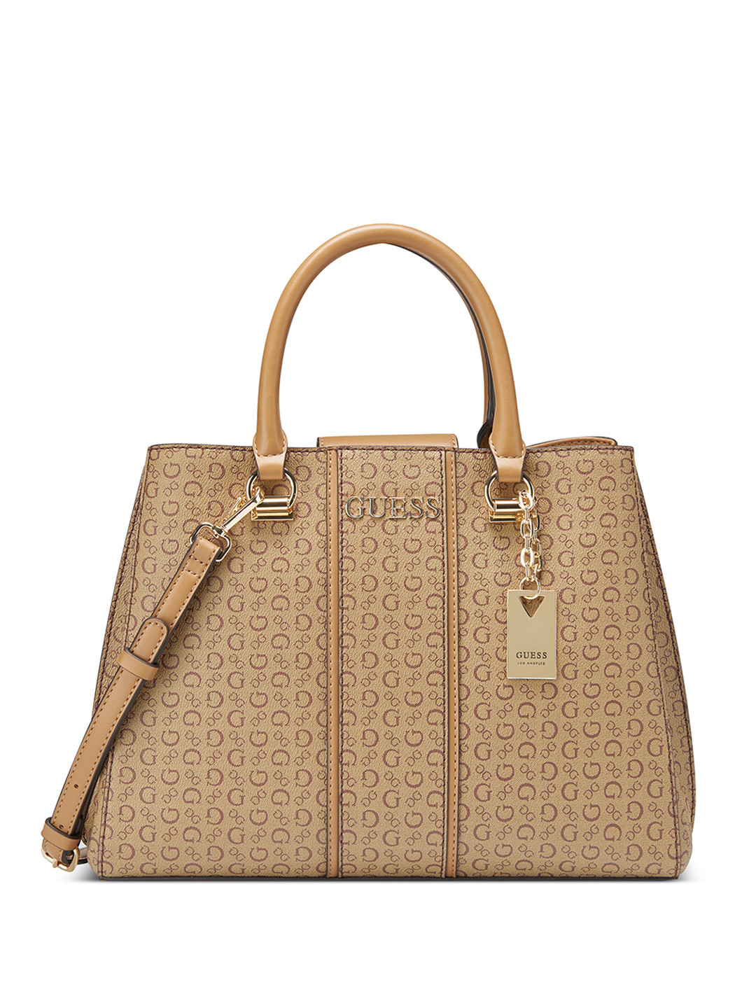 

GUESS Brand Logo Printed Structured Shoulder Bag, Brown