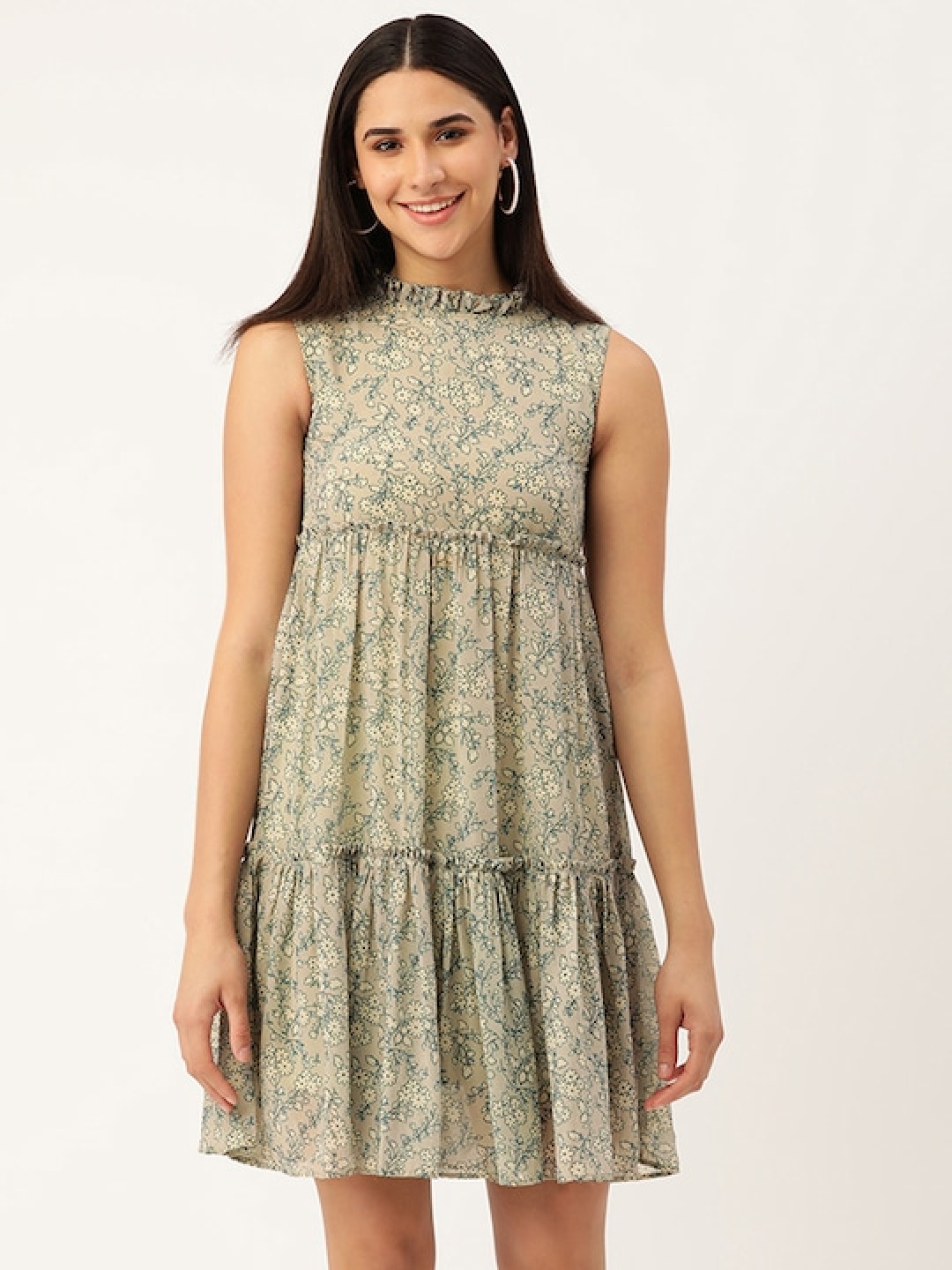 

shiloh Floral Printed Georgette A-Line Gathered or Pleated Dress, Khaki