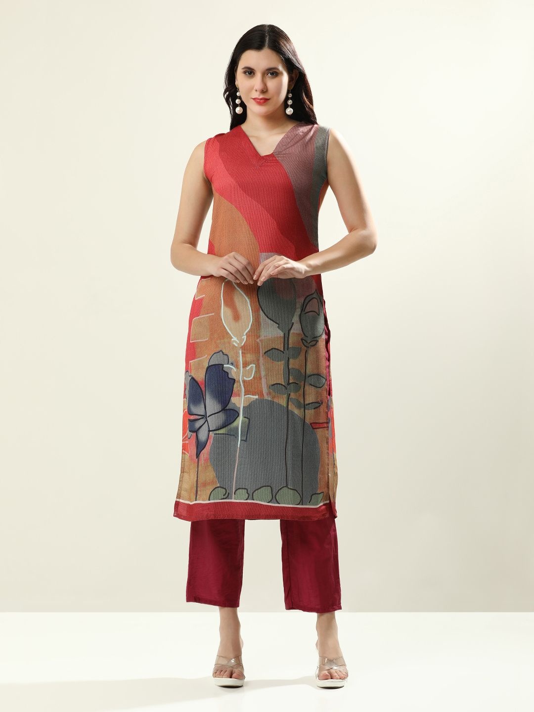 

Jaipur Kurti Floral Printed Straight Kurta, Red