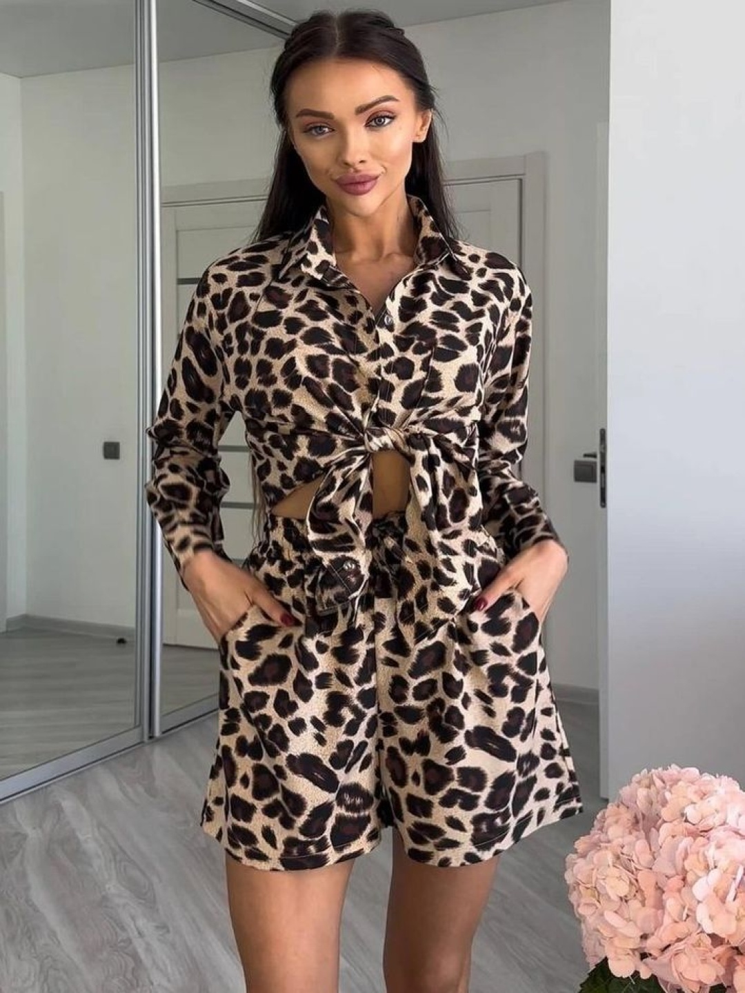 

LULU & SKY Animal Printed Long Sleeves Shirt With Shorts, Beige