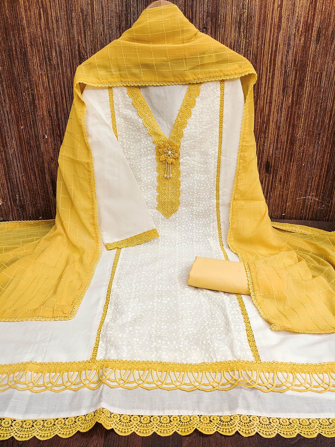 

MANVAA Floral Embroidered Beads Work Unstitched Dress Material, White