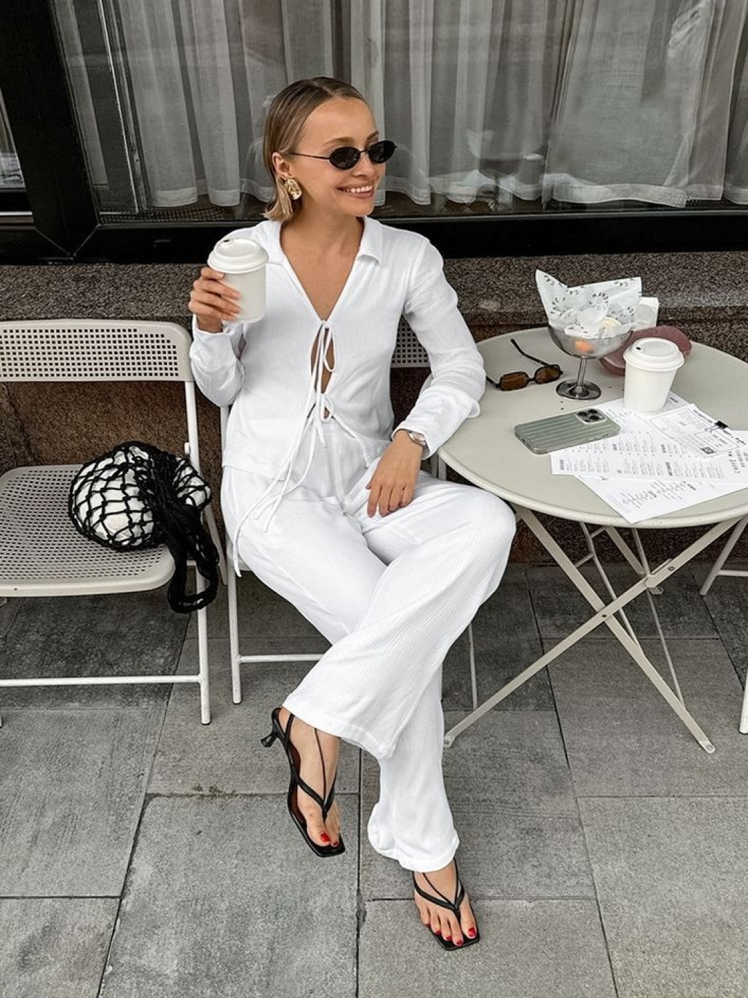 

LULU & SKY Shirt Collar Long Sleeves Tie-Up Front Top With Straight Trousers, White
