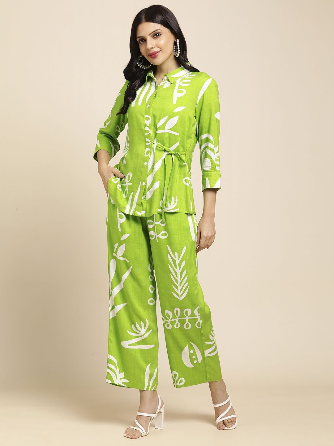 

RATAN Tulip Floral Printed Shirt Collar Three-Quarter Sleeves Shirt With Palazzo, Lime green