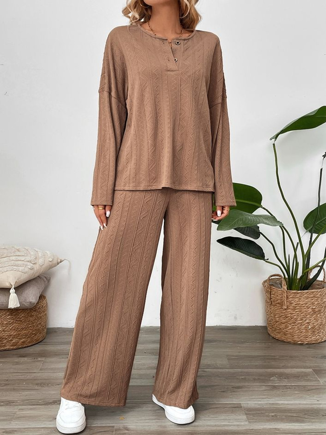 

LULU & SKY Self Design Round Neck Top With Trousers, Coffee brown