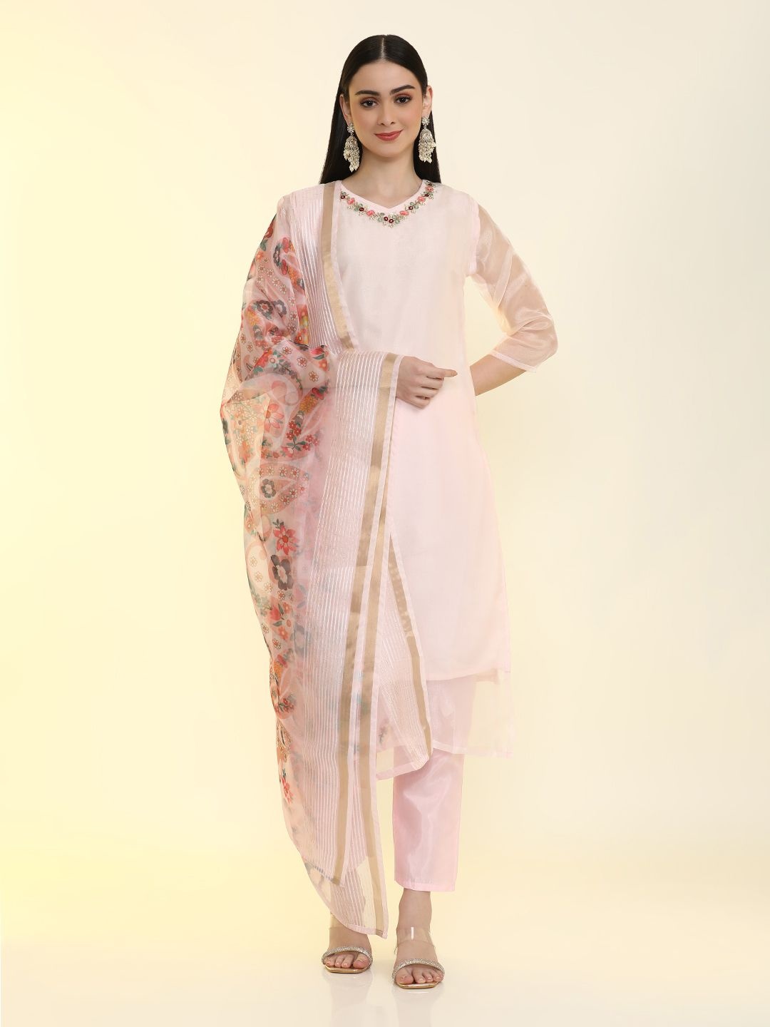 

Jaipur Kurti Floral Embroidered Kurta with Trousers & Dupatta, Pink