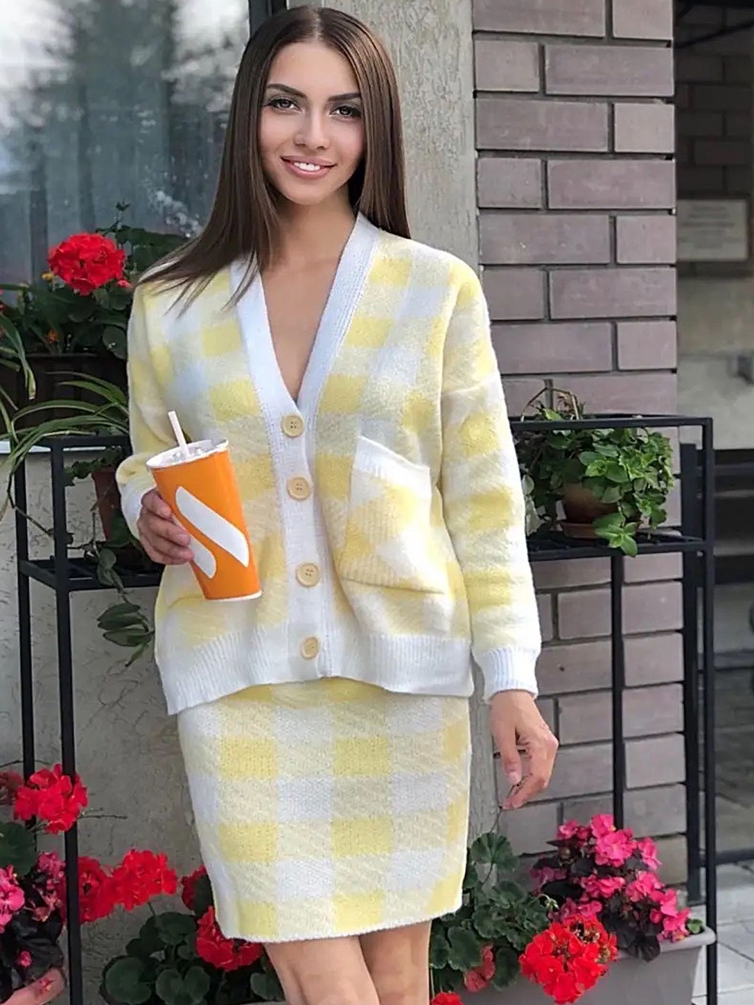 

LULU & SKY V-Neck Checked Top & Skirts, Yellow