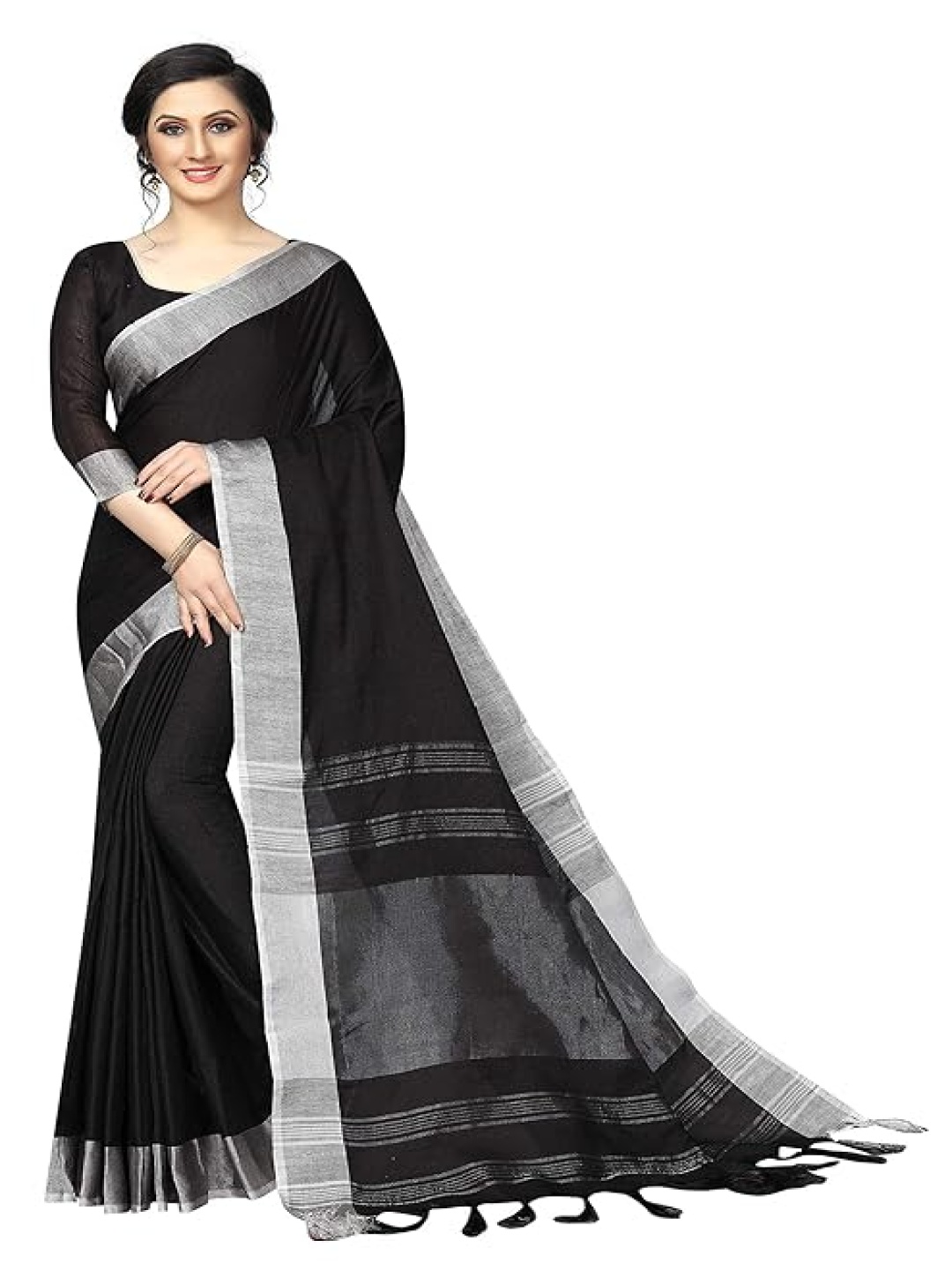 

PERFECTBLUE Striped Zari Linen Blend Saree, Black