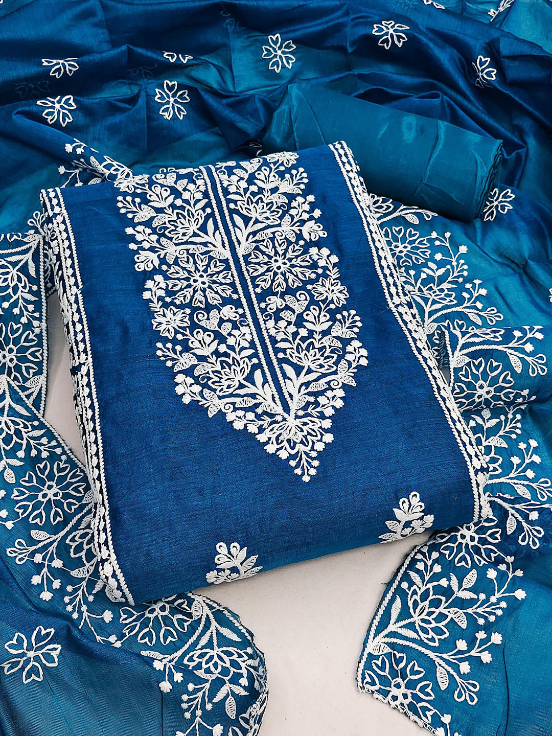

MANVAA Floral Embroidered Zari Chanderi Cotton Unstitched Dress Material, Turquoise blue