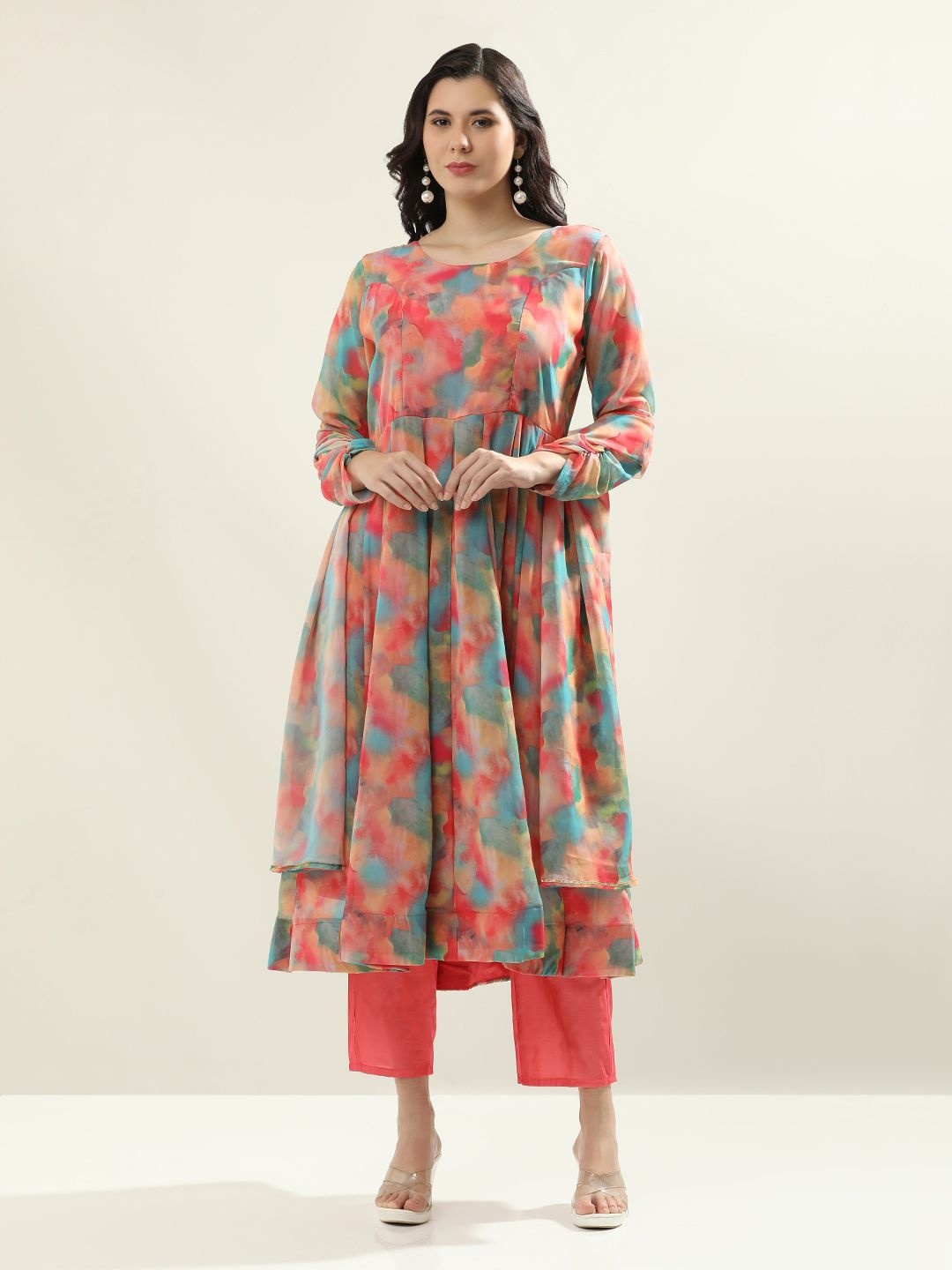 

Jaipur Kurti Floral Printed Empire Phulkari Kurta with Palazzos & Dupatta, Peach