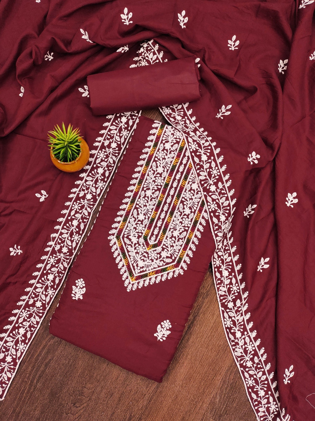 

MANVAA Floral Embroidered Unstitched Dress Material, Maroon